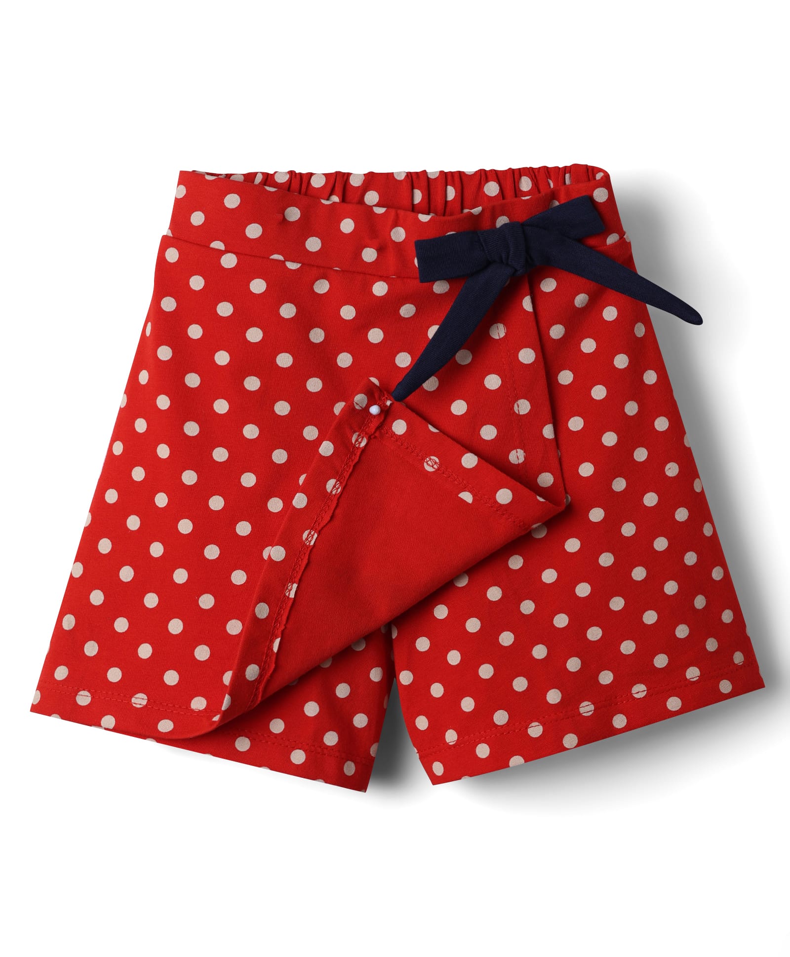 CrayonFlakes Cotton Knit Polka Dots Printed Bow Applique Detailed Skorts - Red-picture-31