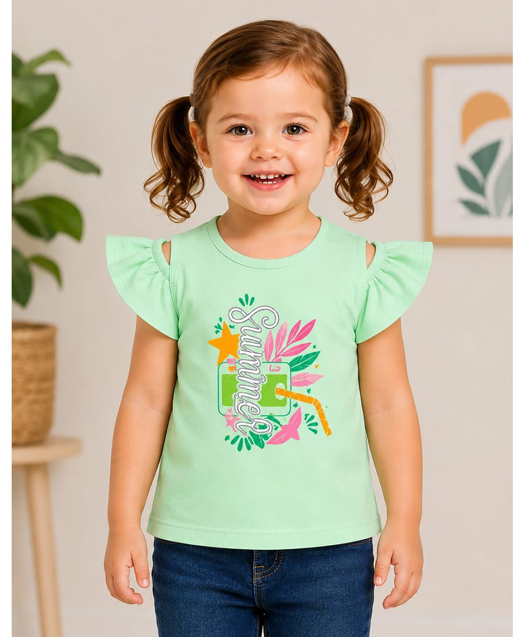 Sportking Cotton Blend Knit Cold Shoulder Sleeves Juice & Summer Text Printed Top - Light Green-image-34