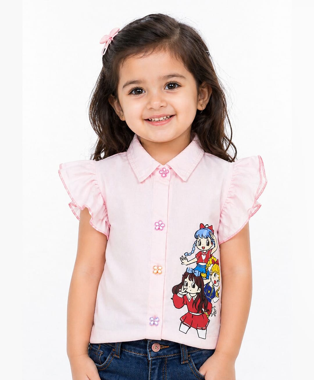 Sportking Cotton Blend Knit Frill Sleeves Girls Printed Shirt Style Top - Pink-picture-35