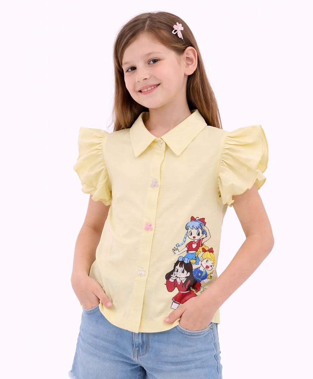 Sportking Cotton Blend Knit Frill Sleeves Girls Printed Shirt Style Top - Lemon-picture-0