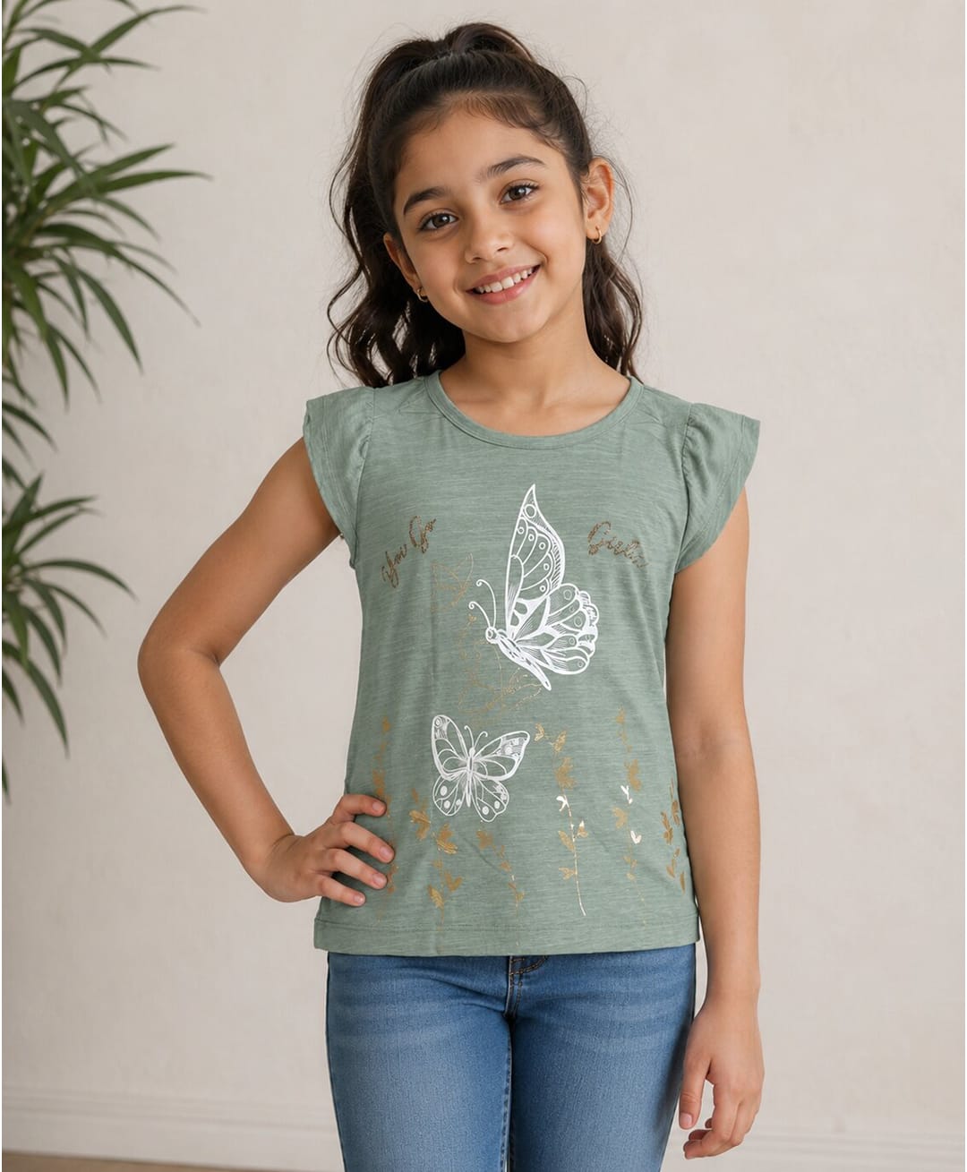 Sportking Cotton Blend Knit Cap Sleeves Butterfly & Floral Foil Printed Top - Green-picture-43