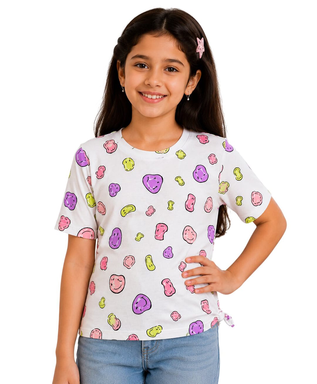 Sportking Cotton Blend Knit Half Sleeves Smiley Printed Top - White-picture-16