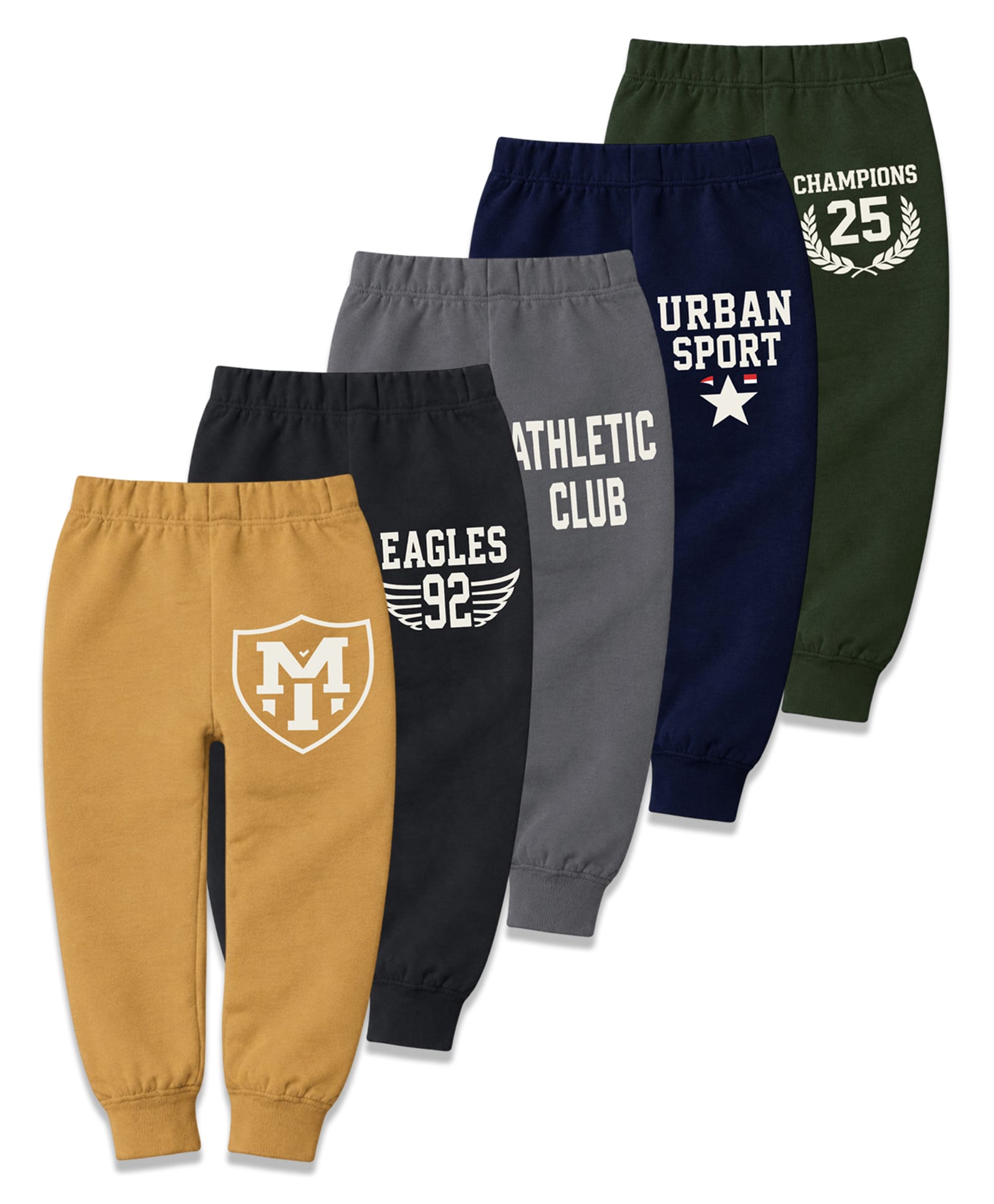 KUCHIPOO Cotton Blend Knit Pack Of 5 Typography Printed Joggers - Mustard Charcoal Black Grey Navy Blue & Olive Green-picture-46