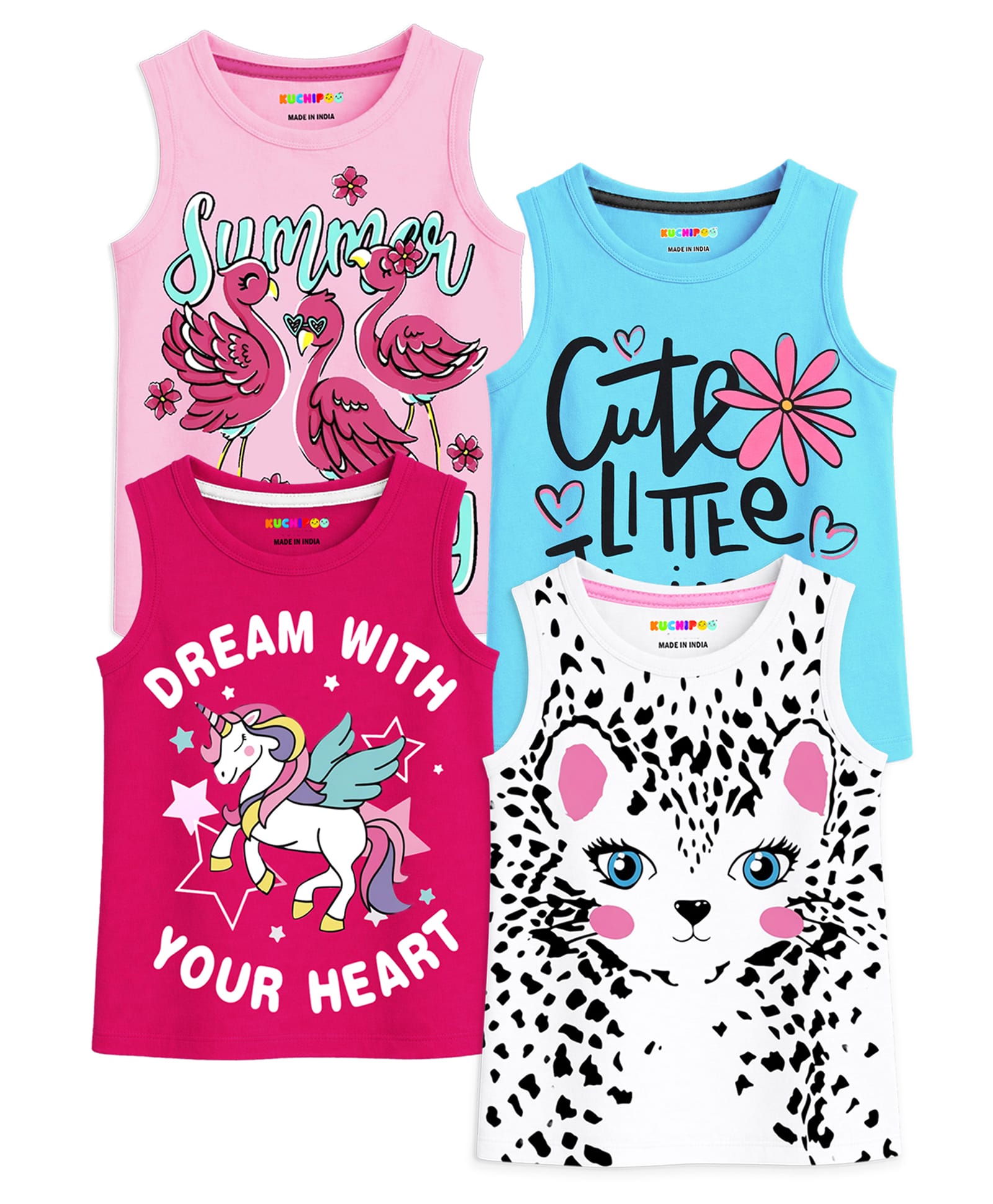 Kuchipoo Cotton Blend Knit Pack Of 4 Sleeveless Flamingo Cat & Unicorn Printed Tees - Pink Turquoise Blue White & Dark Pink-image-15