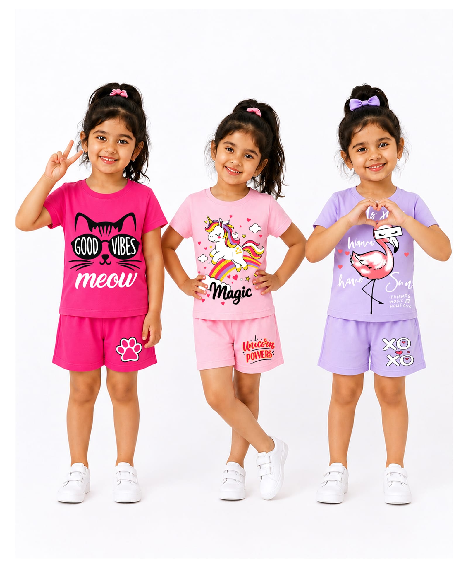 KUCHIPOO Cotton Blend Knit Pack Of 3 Half Sleeves Cat & Unicorn Printed Tee & Shorts Set - Dark Pink Light Pink Lavender & White-picture-34
