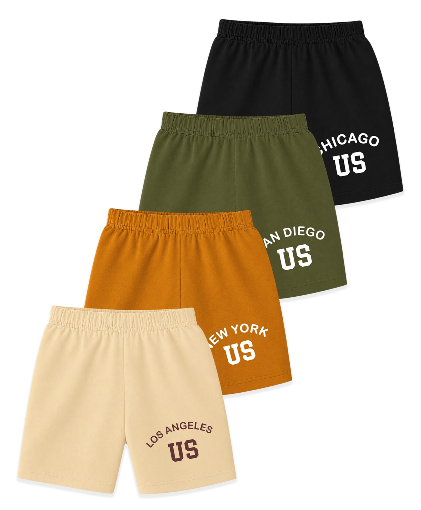 KUCHIPOO Cotton Blend Knit Pack Of 4 US Text Printed Shorts - Black Olive Green Mustard Yellow & Cream-picture-20