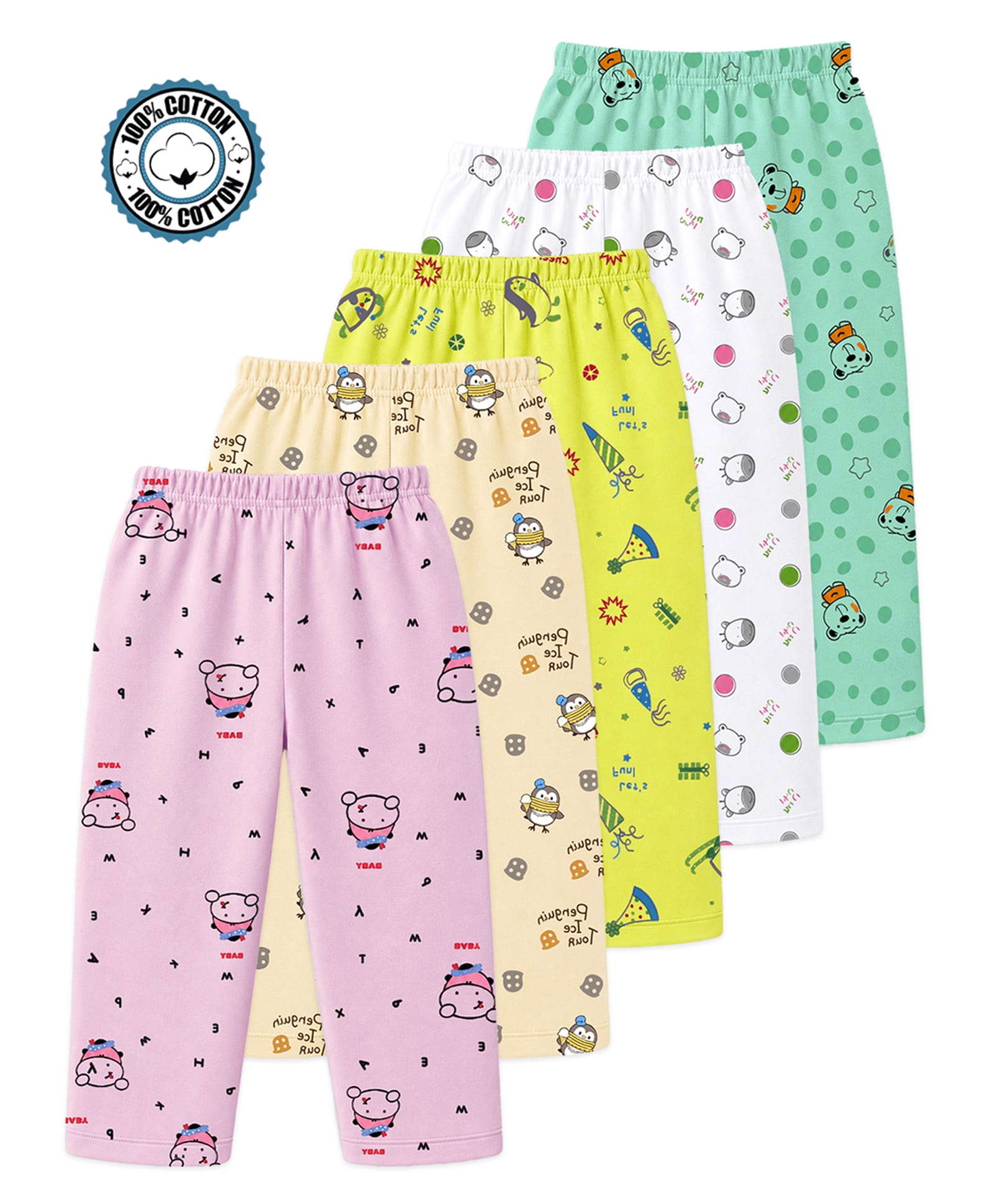 KUCHIPOO 100% Cotton Knit Pack Of 5 Animals & Birds Printed Pajamas - Light Pink Cream Light Yellow White & Mint Green-image-46