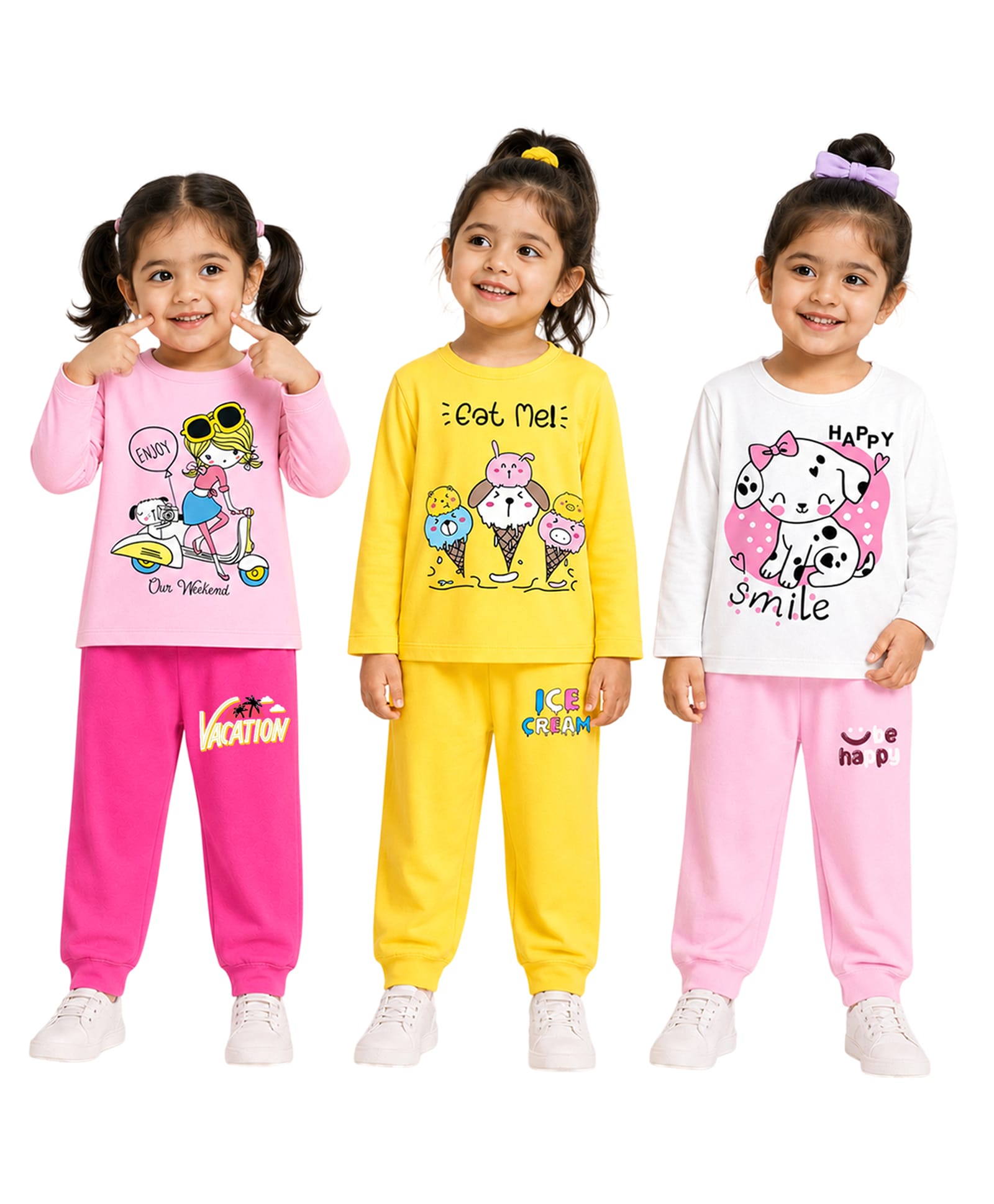 KUCHIPOO Cotton Blend Knit Pack Of 3 Full Sleeves Animal Ice Cream Cones & Spotted Puppy Printed Tee & Joggers Set - Light Pink Yellow White Dark Pink & Light Pink-picture-31