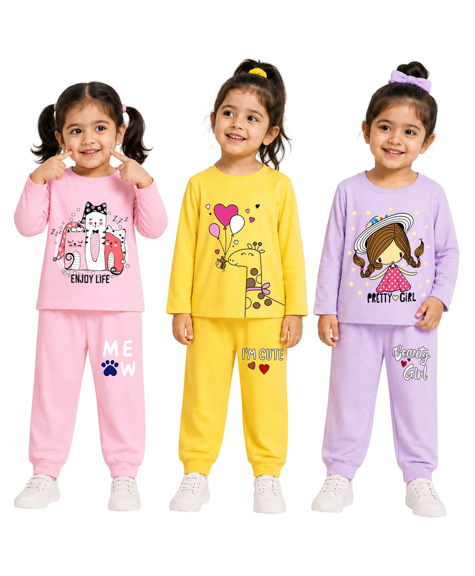 KUCHIPOO Cotton Blend Knit Pack Of 3 Full Sleeves Cats & Giraffe Printed Tee & Joggers Set - Lavender Yellow Light Pink & Multi Colour-picture-26