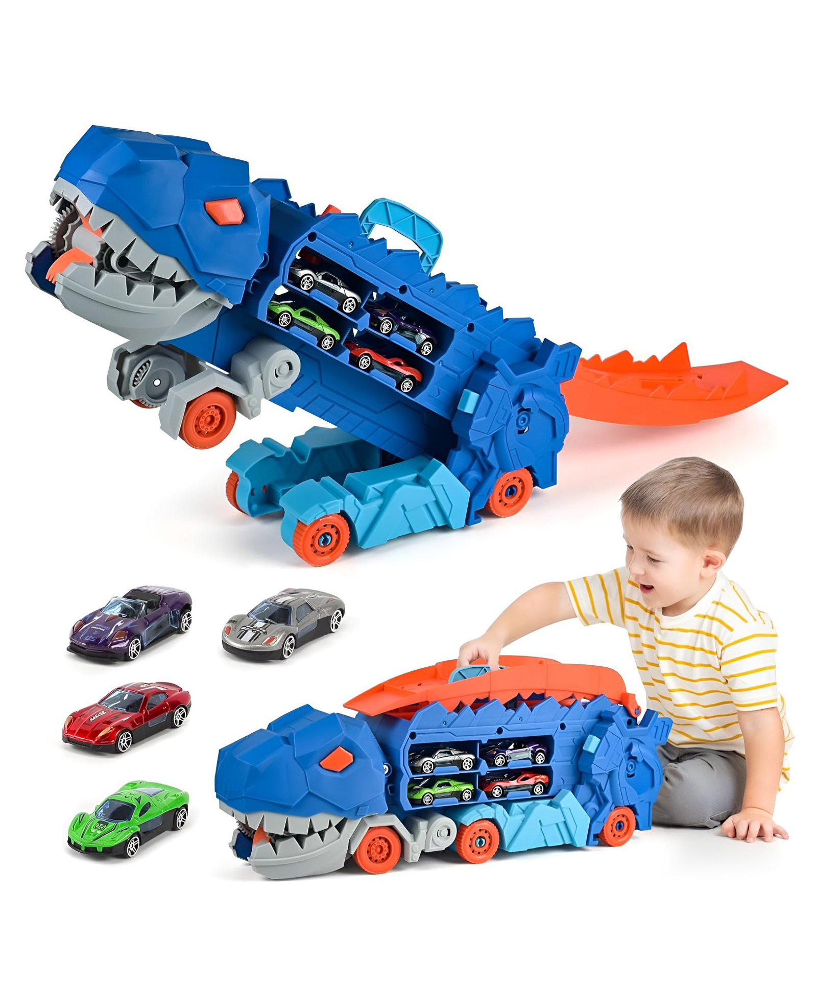 NEGOCIO Transport Dinosaur Truck with Foldable Sliding 25-Inch Race Track, Transforms into Standing T-rex Toys for Kids - PACK OF 1 - COLOR MAY VARY-picture-19