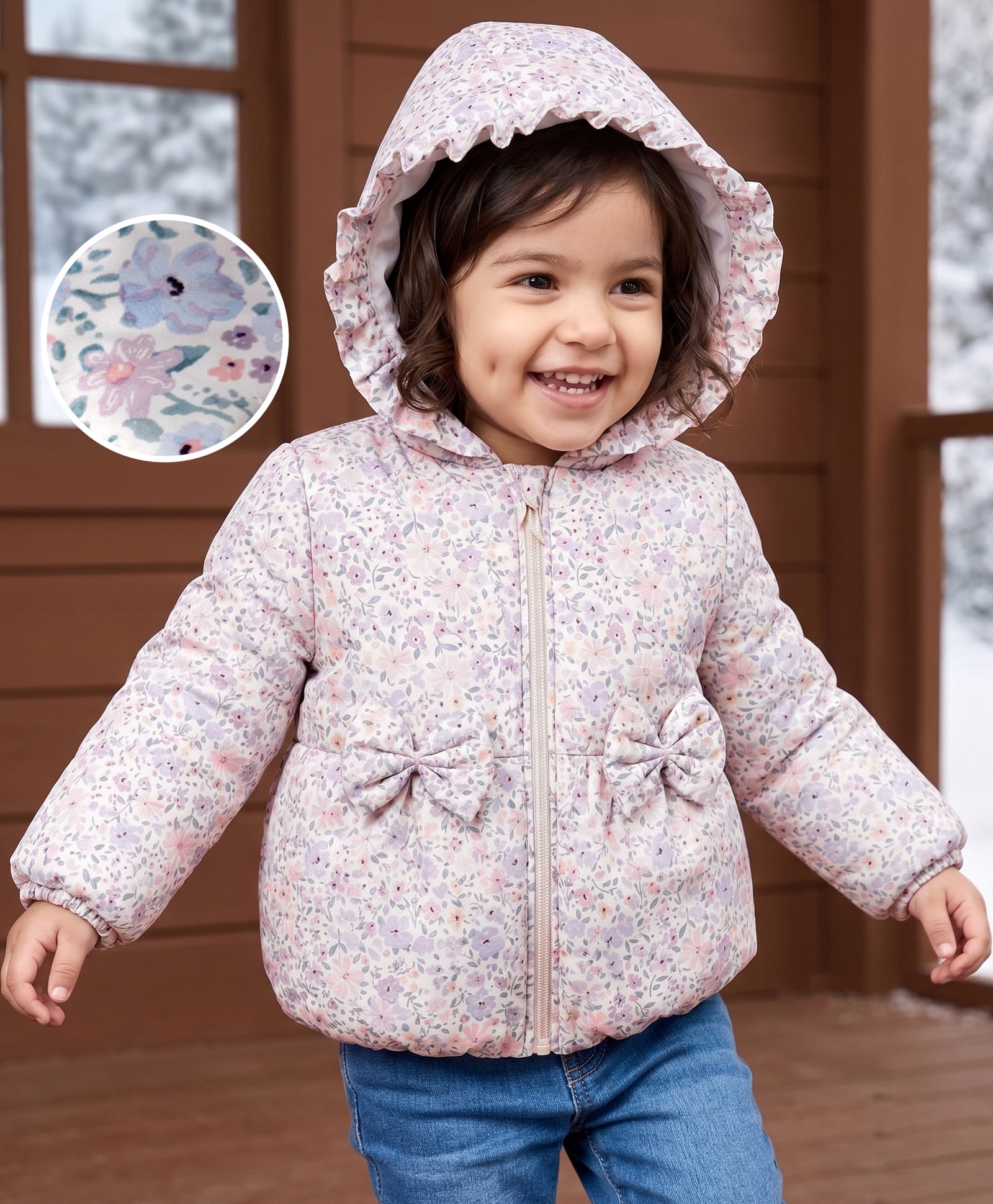 Babyhug Woven Full Sleeves Hooded Padded Floral Printed Jacket with Bow Applique - White-image-41