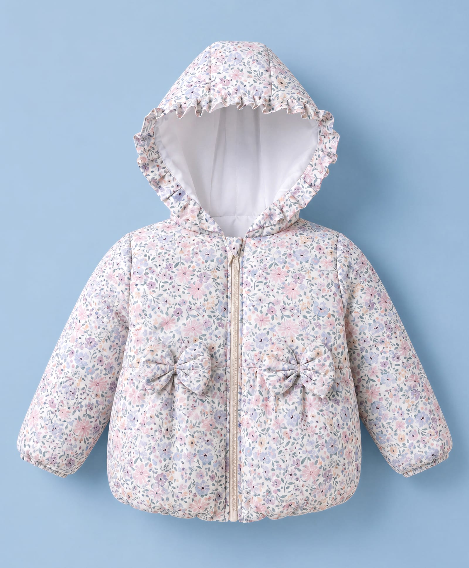 babyhug woven full sleeves hooded padded floral printed jacket with bow applique - white