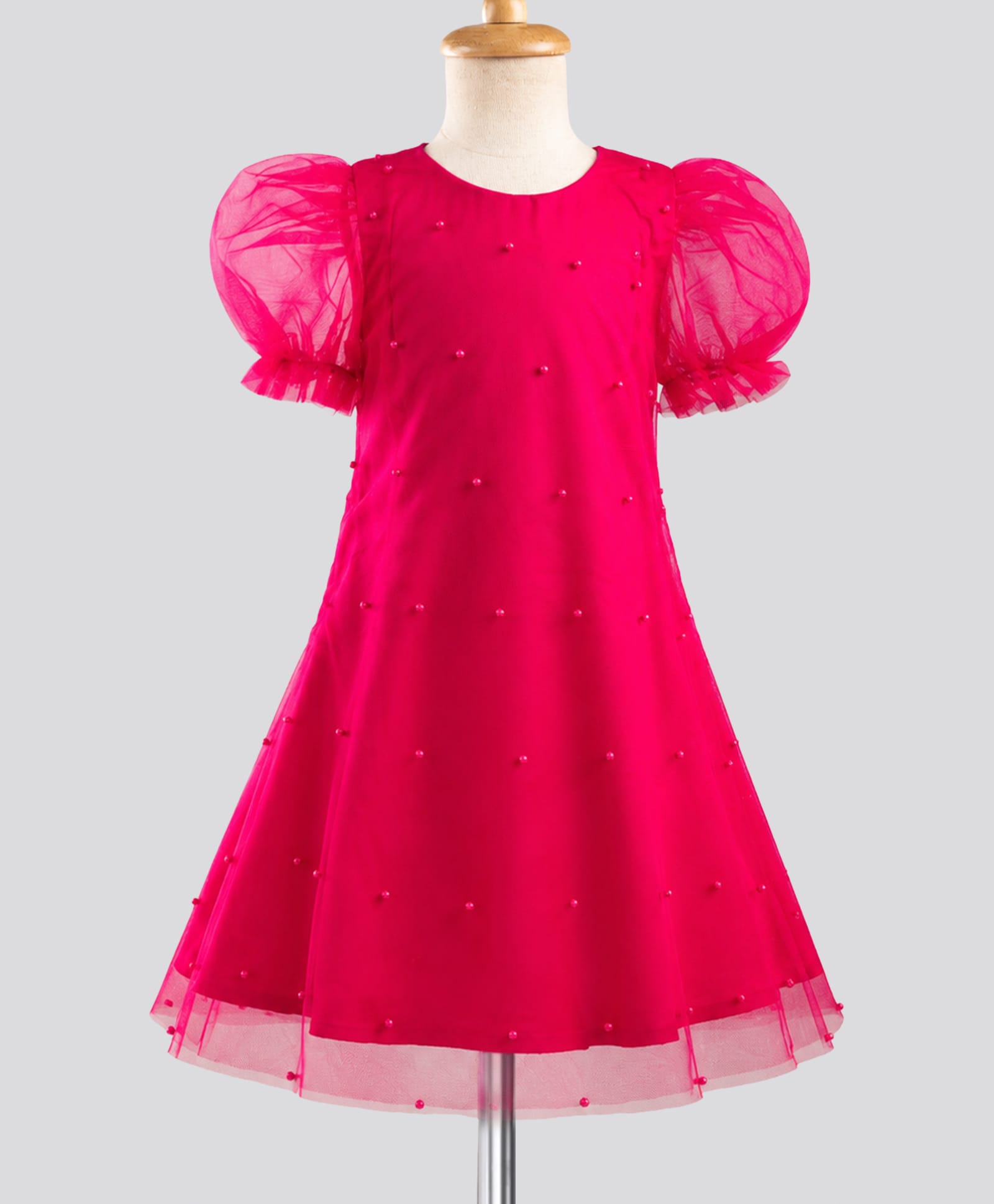 Pine Kids Mesh Woven Half Puffed Sleeves Party Dress With Pearl Embellishment - Dark Pink-image-43