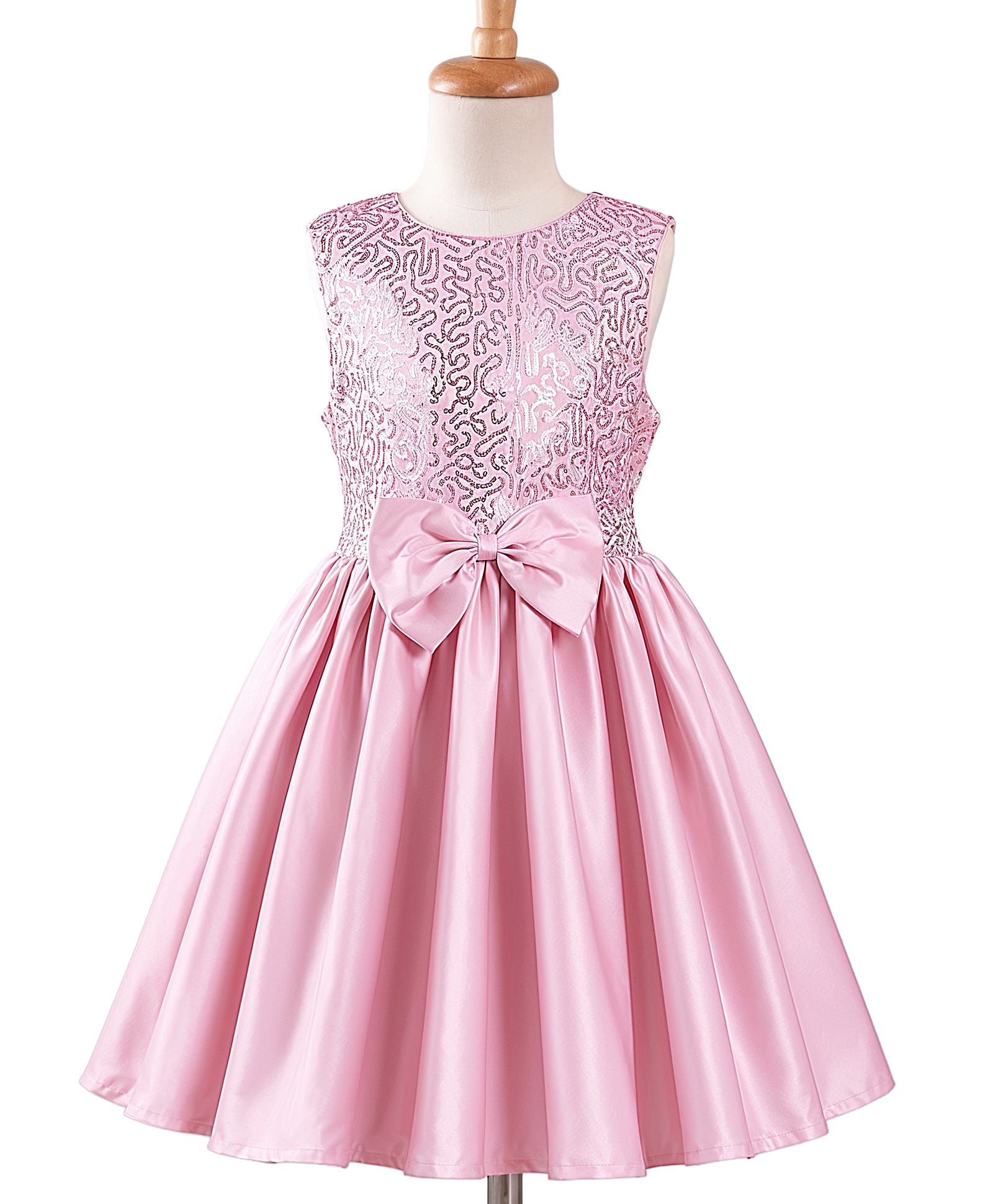 Pine Kids Satin Woven Sleeveless Party Dress With Sequin Detailing & Bow Applique - Pink-image-37