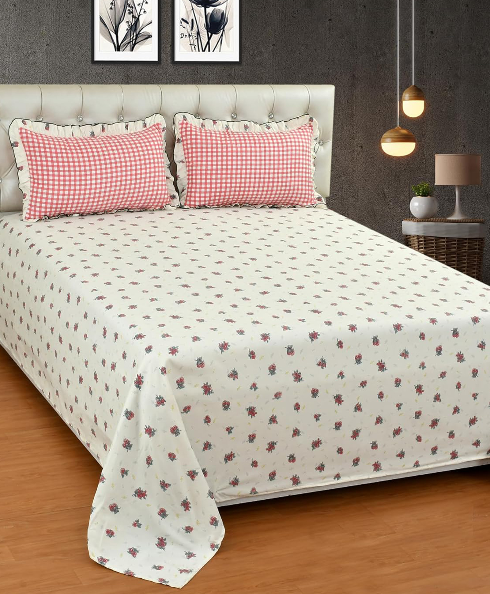 Morado Premium Glace Cotton King Size Bedsheet with 2 Matching Frill Pillow Covers , Ultra Soft, Breathable & Skin Friendly , Pink Cherry , 108x108 Inches-image-20