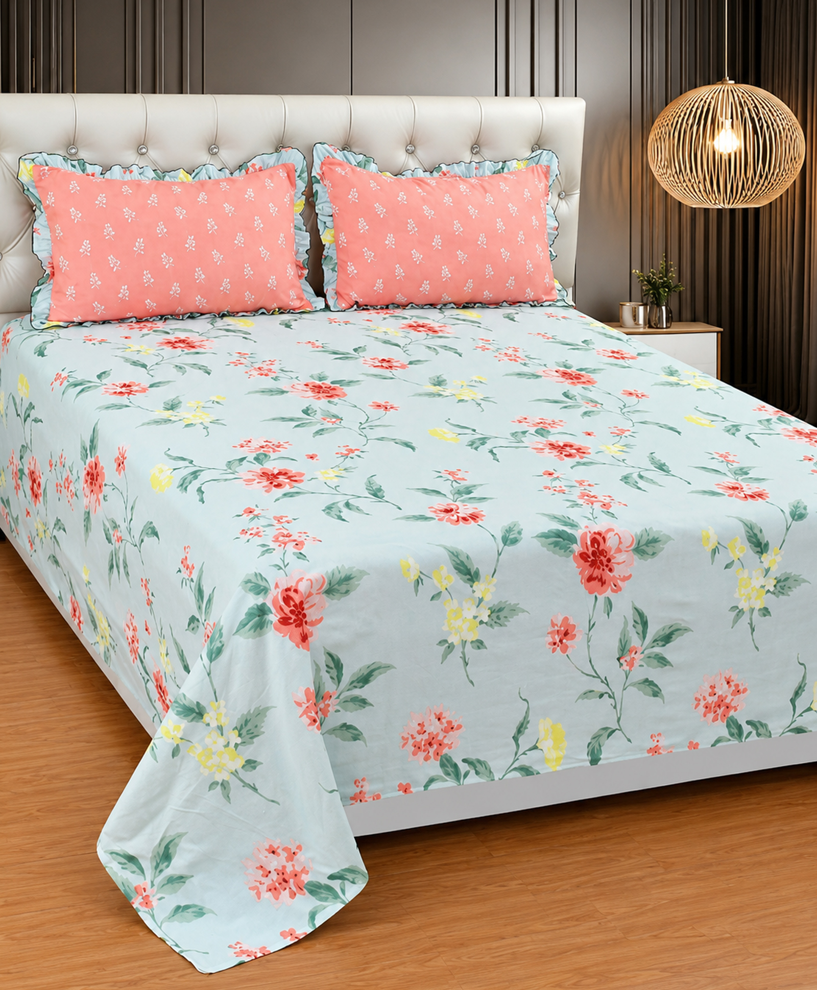 Morado Premium Glace Cotton King Size Bedsheet with 2 Matching Frill Pillow Covers , Ultra Soft, Breathable & Skin Friendly , Pansy Flower , 108x108 Inches-image-35