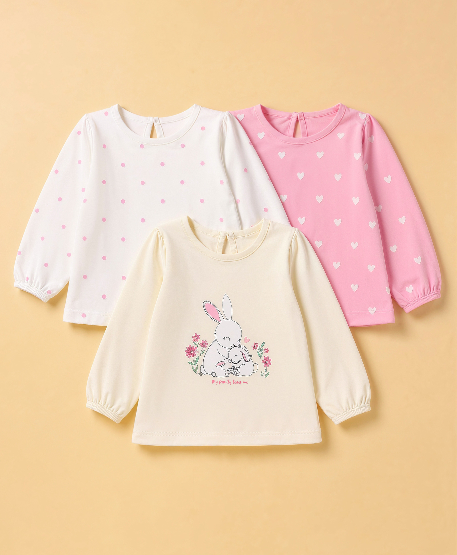 Babyhug Cotton Knit Full Sleeves T-Shirts with Heart Polka Dots & Bunny Print Pack of 3 - White Pink & Beige-image-19
