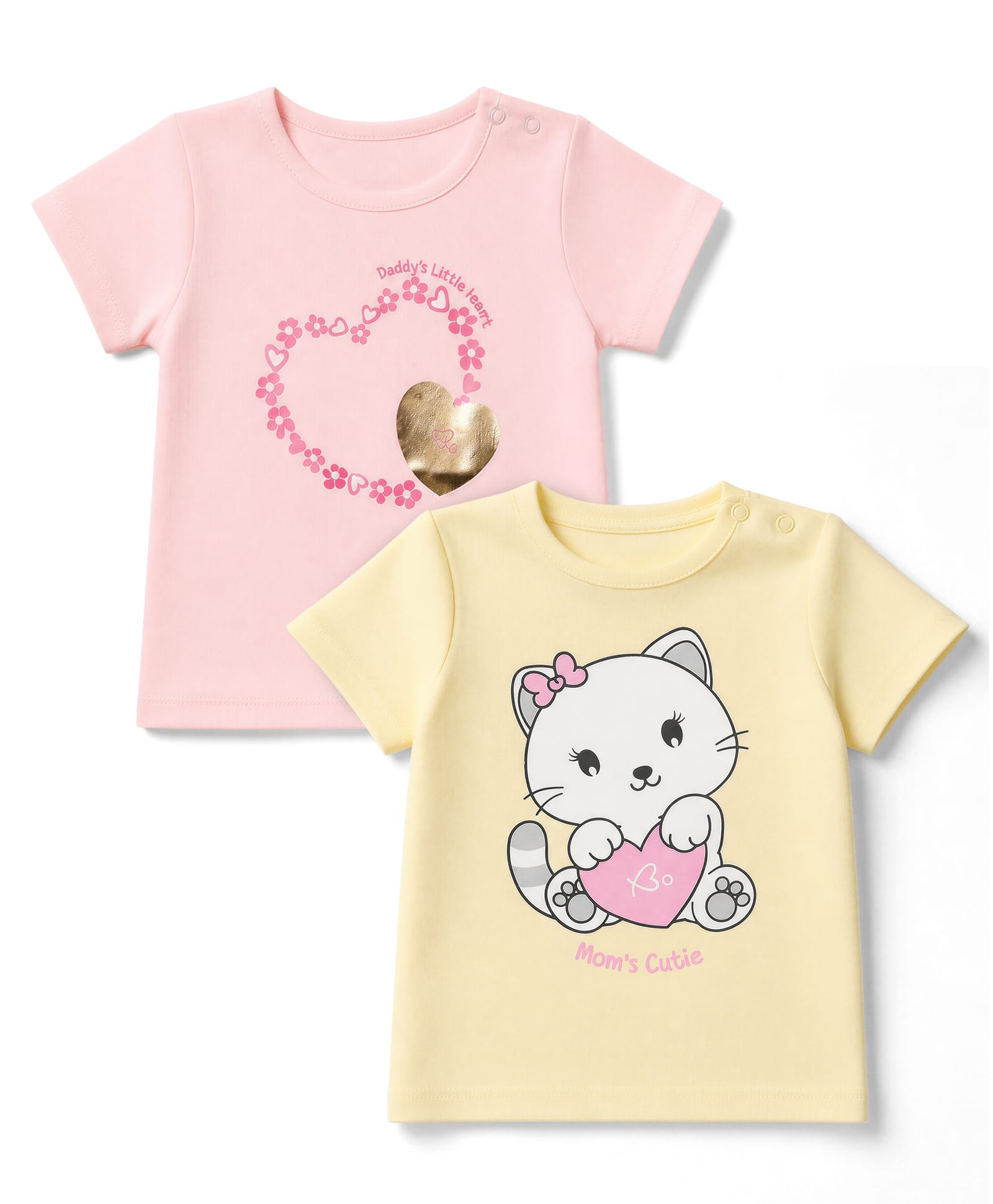 Babyoye Cotton Interlock Knit Half Sleeves T-Shirts with Animal & Heart Print Pack of 2 - Yellow & Pink-image-10