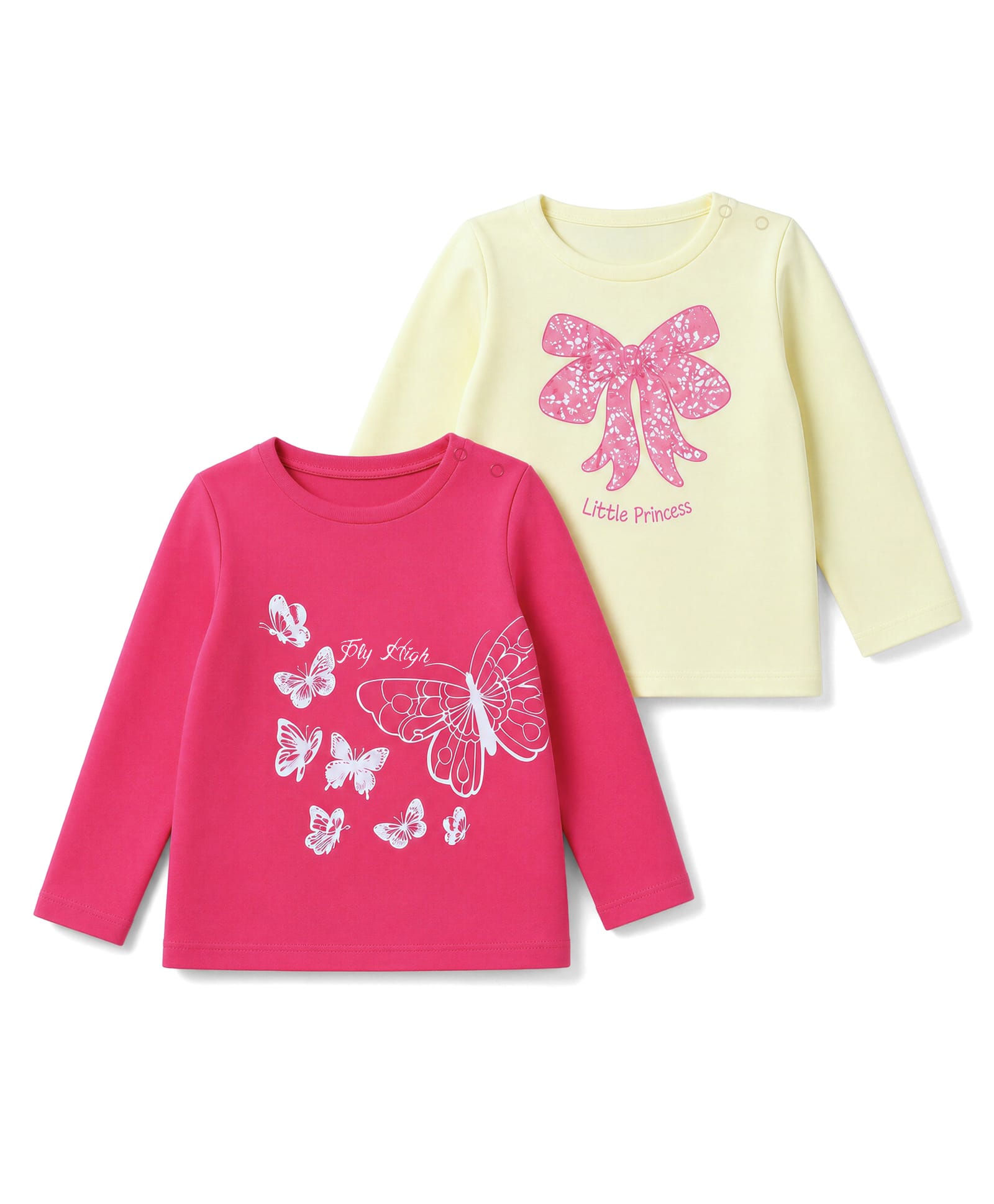 Babyoye Cotton Interlock Knit Full Sleeves T-Shirts with Butterfly & Bow Print Pack of 2 - Dark Pink & Yellow-image-22