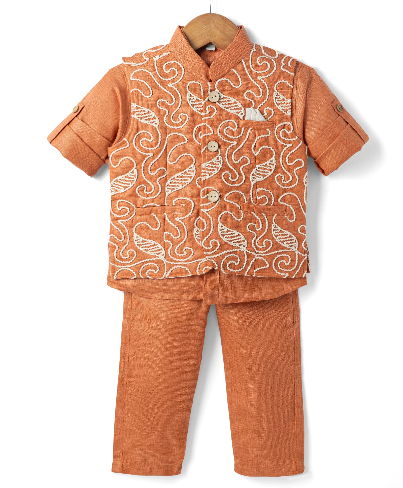 JASH KIDS Cotton Woven Full Sleeves 3 Piece Party Suits with Floral Embroidered - Orange-picture-20