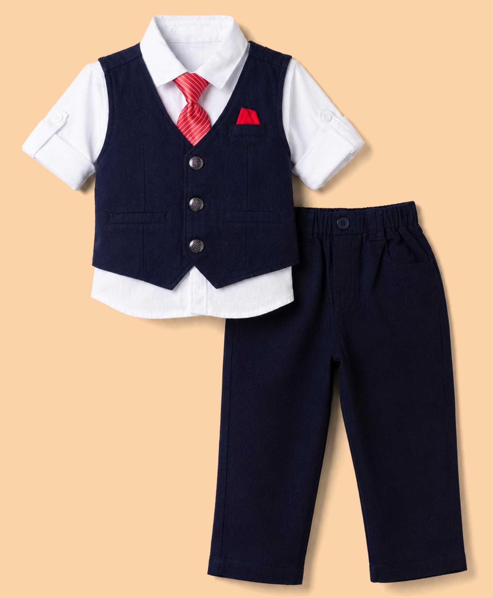 JASH KIDS Cotton Woven Full Sleeves Solid Three Piece Party Suit With Tie - Navy Blue-image-28