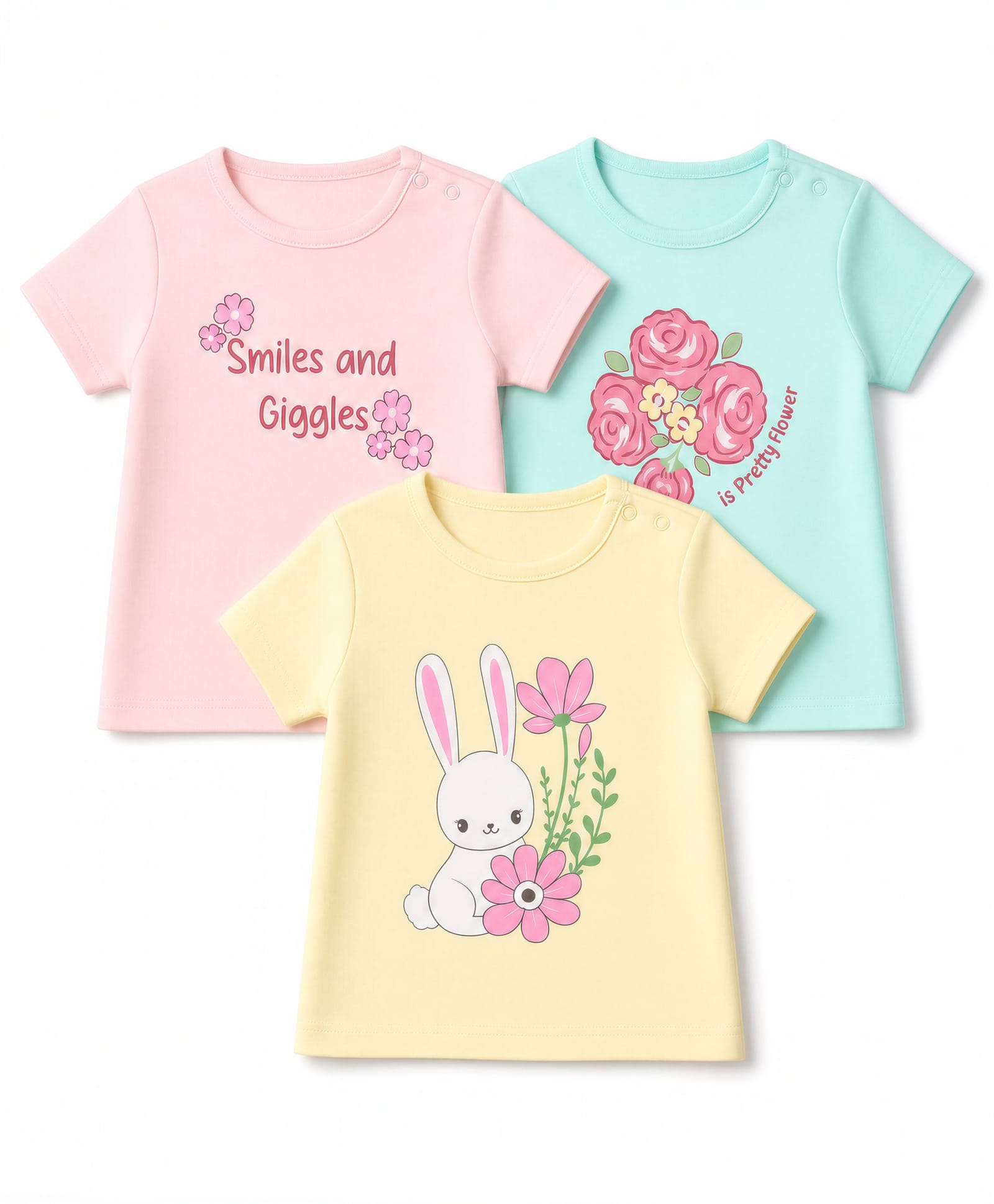 Babyoye Premium 100% Cotton Interlock Knit with Eco Jiva Finish Half Sleeves Floral & Bunny Printed T-Shirts Pack of 3 - Sea Green & Pink & Yellow-picture-38
