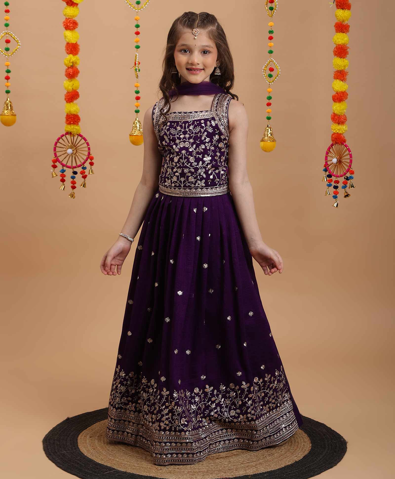 Tiny Kingdom Georgette Woven Sleeveless Sequins Embellished & Floral Embroidered Lehenga & Choli With Dupatta Set - Purple-image-26