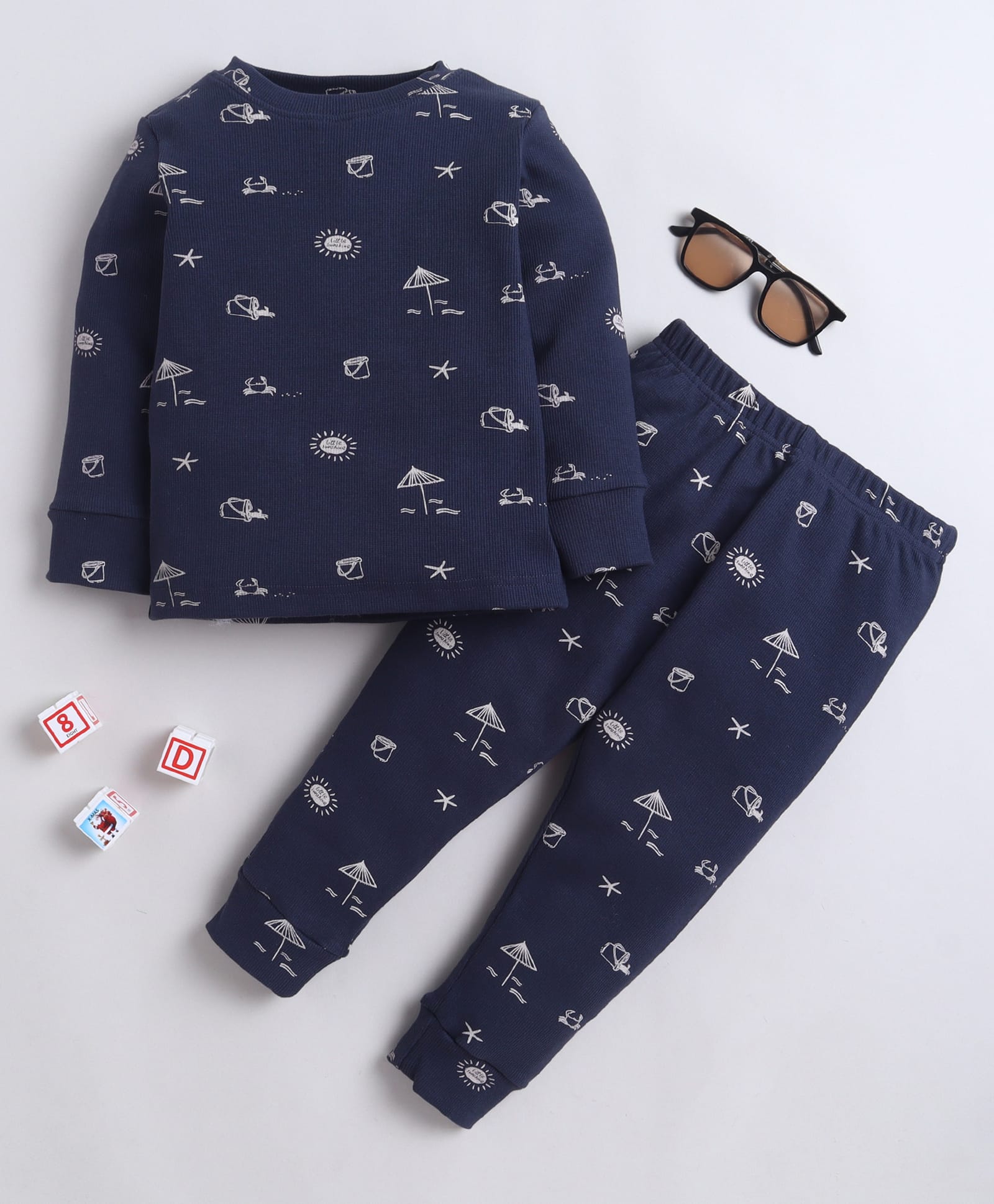 BABY NATION Cotton Knit Full Sleeves Beach Theme Printed Coordinating Tee & Joggers Night Suit - Navy Blue-picture-31