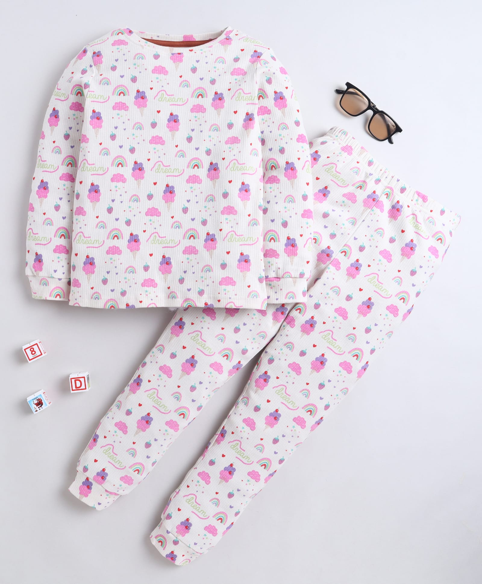 BABY NATION Cotton Knit Full Sleeves Ice Cream Printed Coordinating Tee & Joggers Night Suit - Cream-picture-37