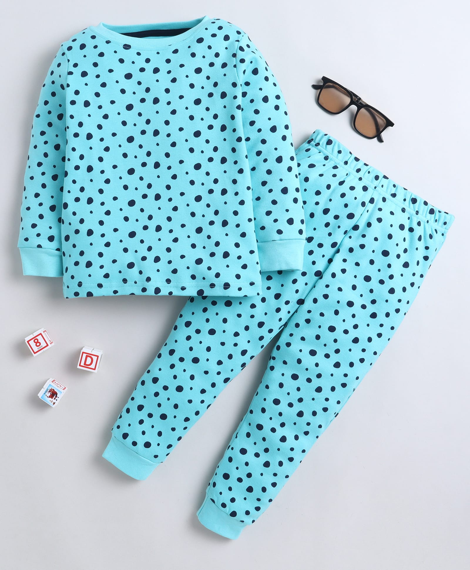 BABY NATION Cotton Knit Full Sleeves Polka Dots Printed Coordinating Tee & Joggers Night Suit - Teal Blue-picture-35