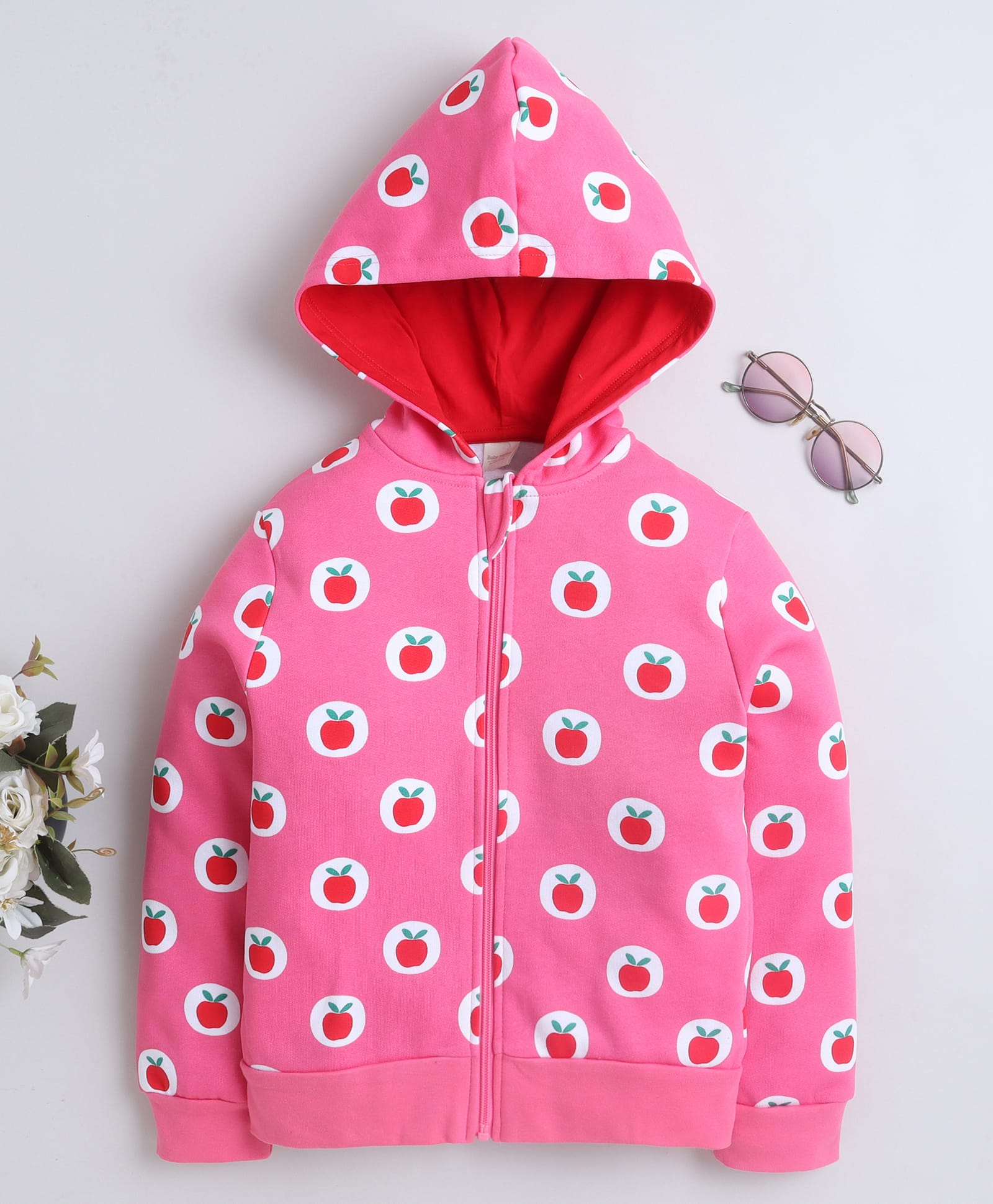 BABY NATION Cotton Knit Full Sleeves Apple Printed Hooded Pre Winter Sweatshirt - Pink-picture-36
