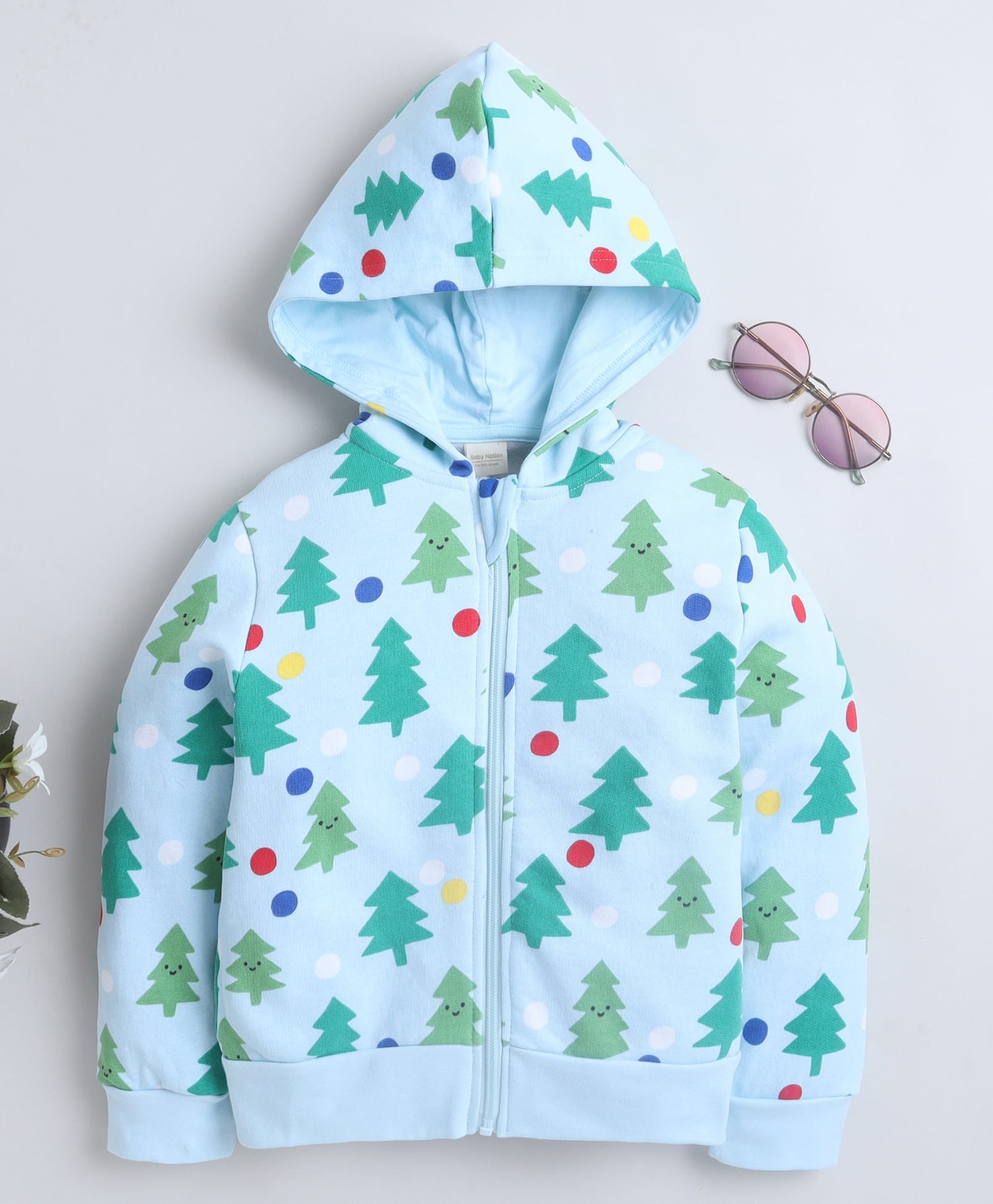 BABY NATION Cotton Knit Full Sleeves Trees Printed Hooded Pre Winter Sweatshirt - Blue-picture-38