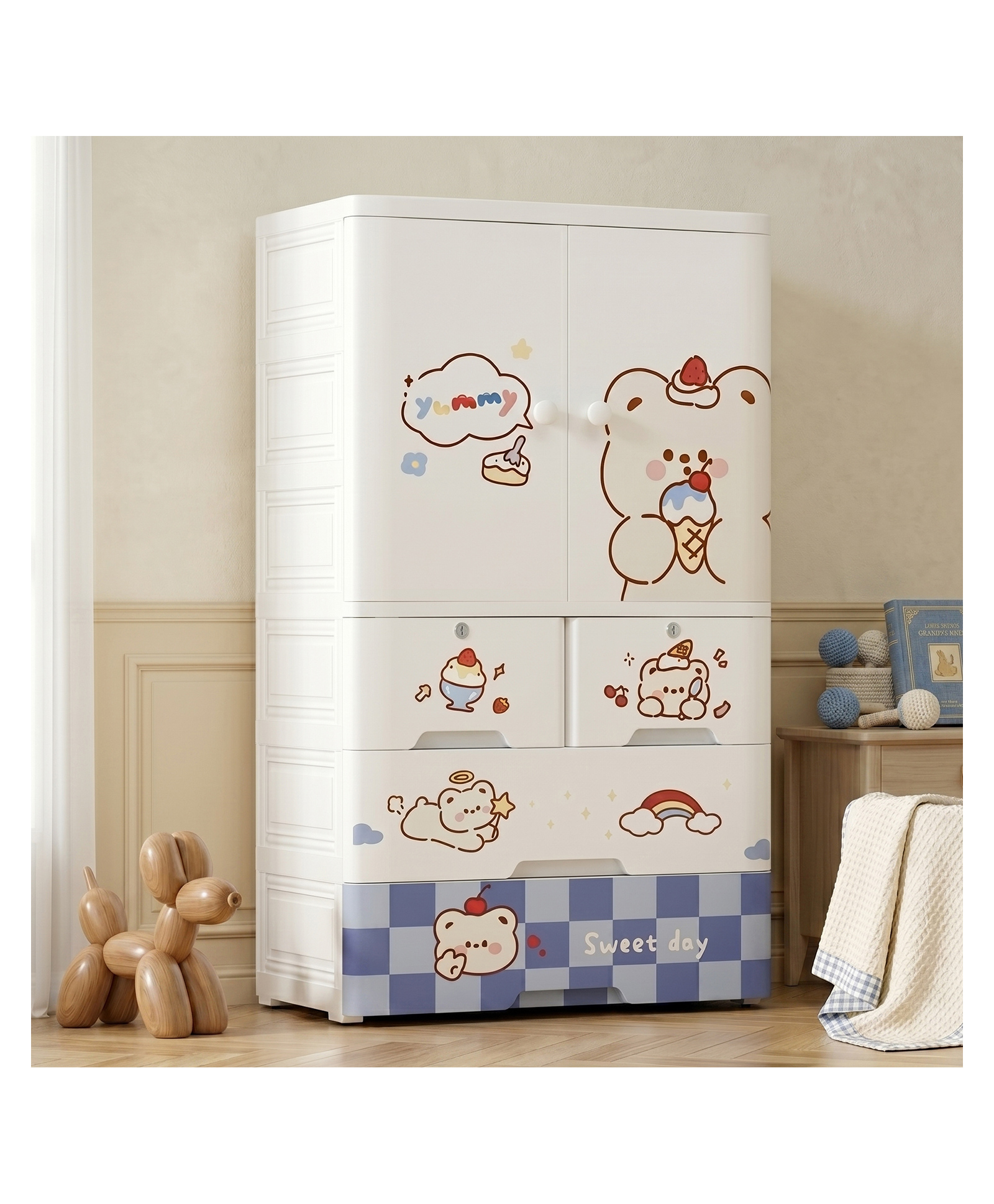 StarAndDaisy Kids Wardrobe Multifunctional Collapsible Plastic Wardrobe Almirah for Kids Dustproof Storage Cabinet Organizer for Clothes Toys Baby Essentials Romantic Bear Design-image-1