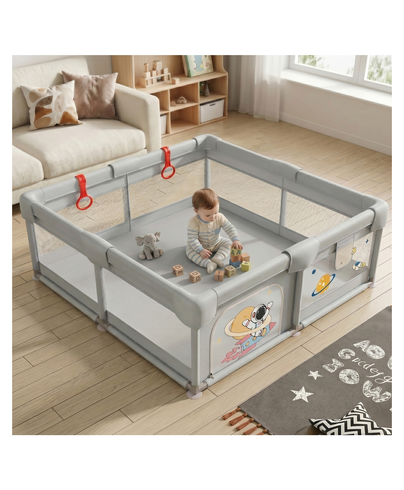 StarAndDaisy Play Pen for Baby for 0 to 5 Years 120 x 120 cm Indoor Baby Play Area with Safety Lock Anti Fall Grasp System Breathable Playpen for Kids Strong Stable Design Grey-image-44
