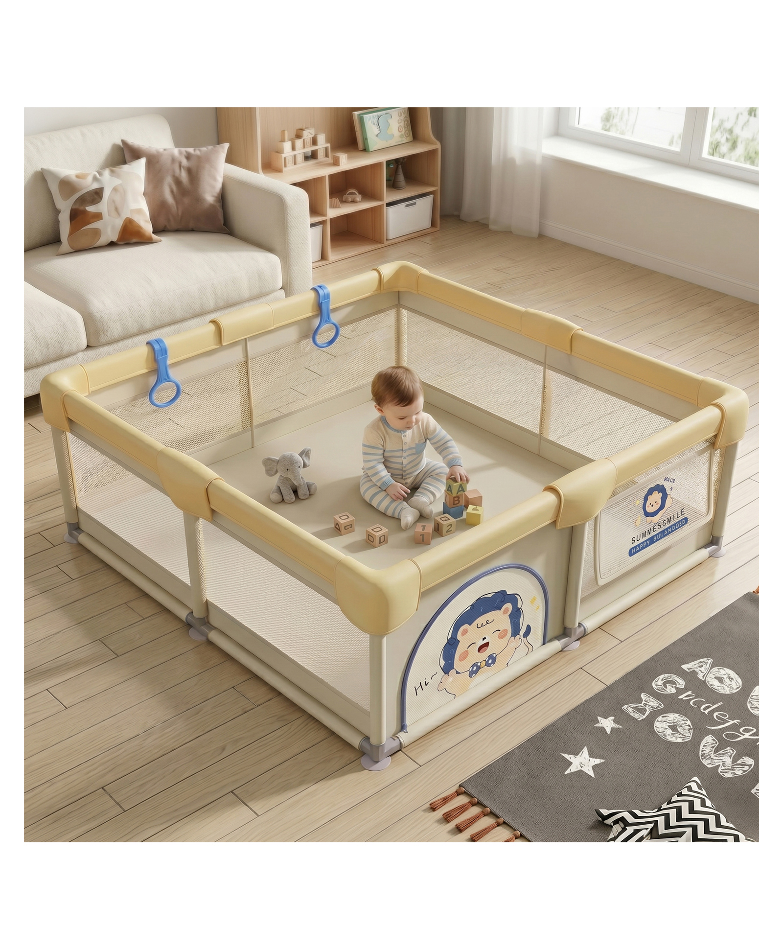 StarAndDaisy Play Pen for Baby for 0 to 5 Years 120 x 120 cm Indoor Baby Play Area with Safety Lock Anti Fall Grasp System Breathable Playpen for Kids Strong Stable Design yellow-picture-28