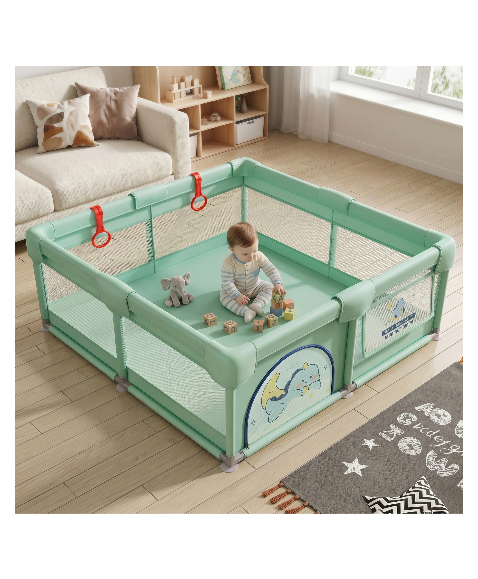 StarAndDaisy Play Pen for Baby for 0 to 5 Years 120 x 120 cm Indoor Baby Play Area with Safety Lock Anti Fall Grasp System Breathable Playpen for Kids Strong Stable Design Green-picture-22
