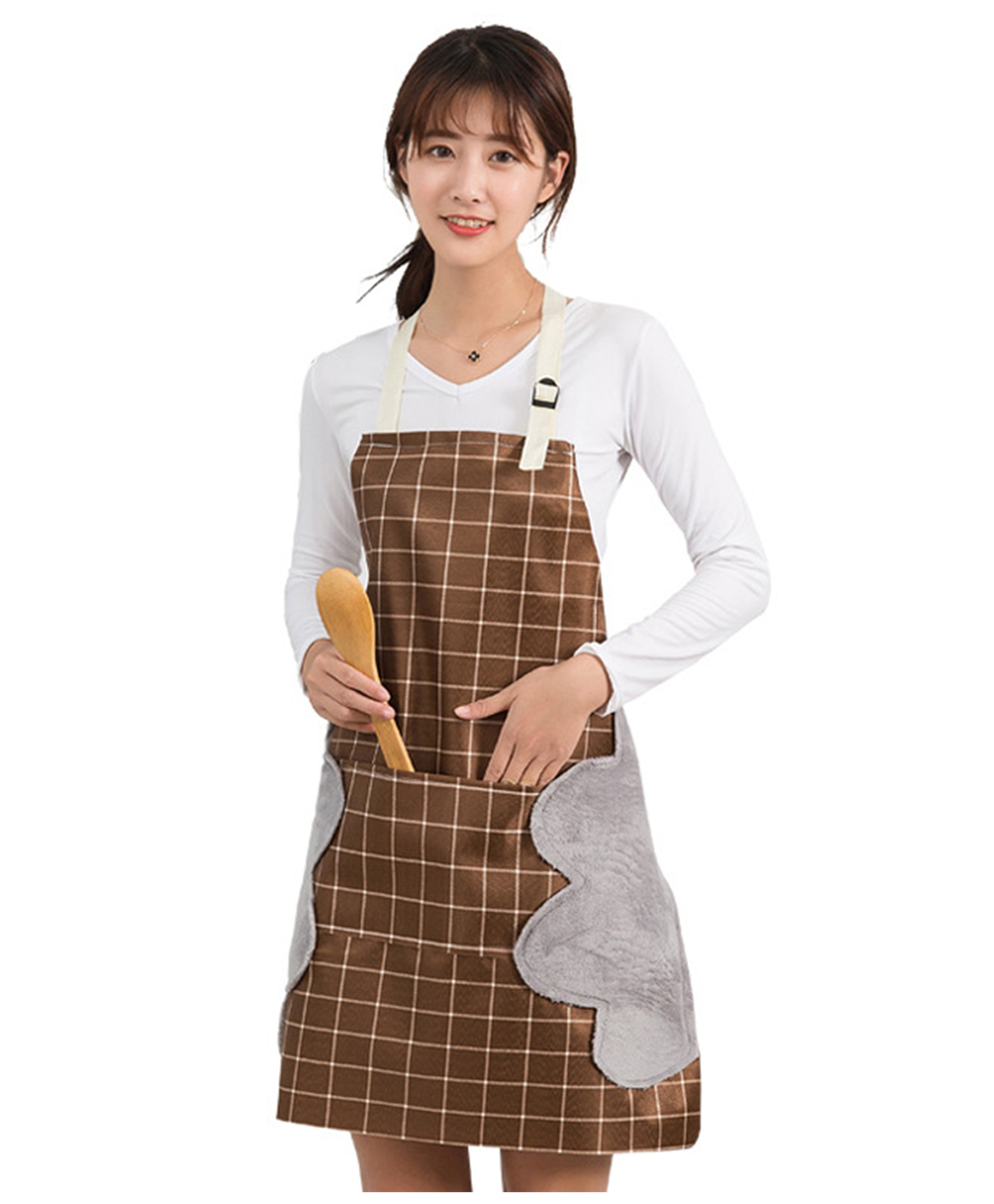 MOMISY Adjustable Kitchen Apron with Front Pockets for Cooking & Baking - Brown-image-14