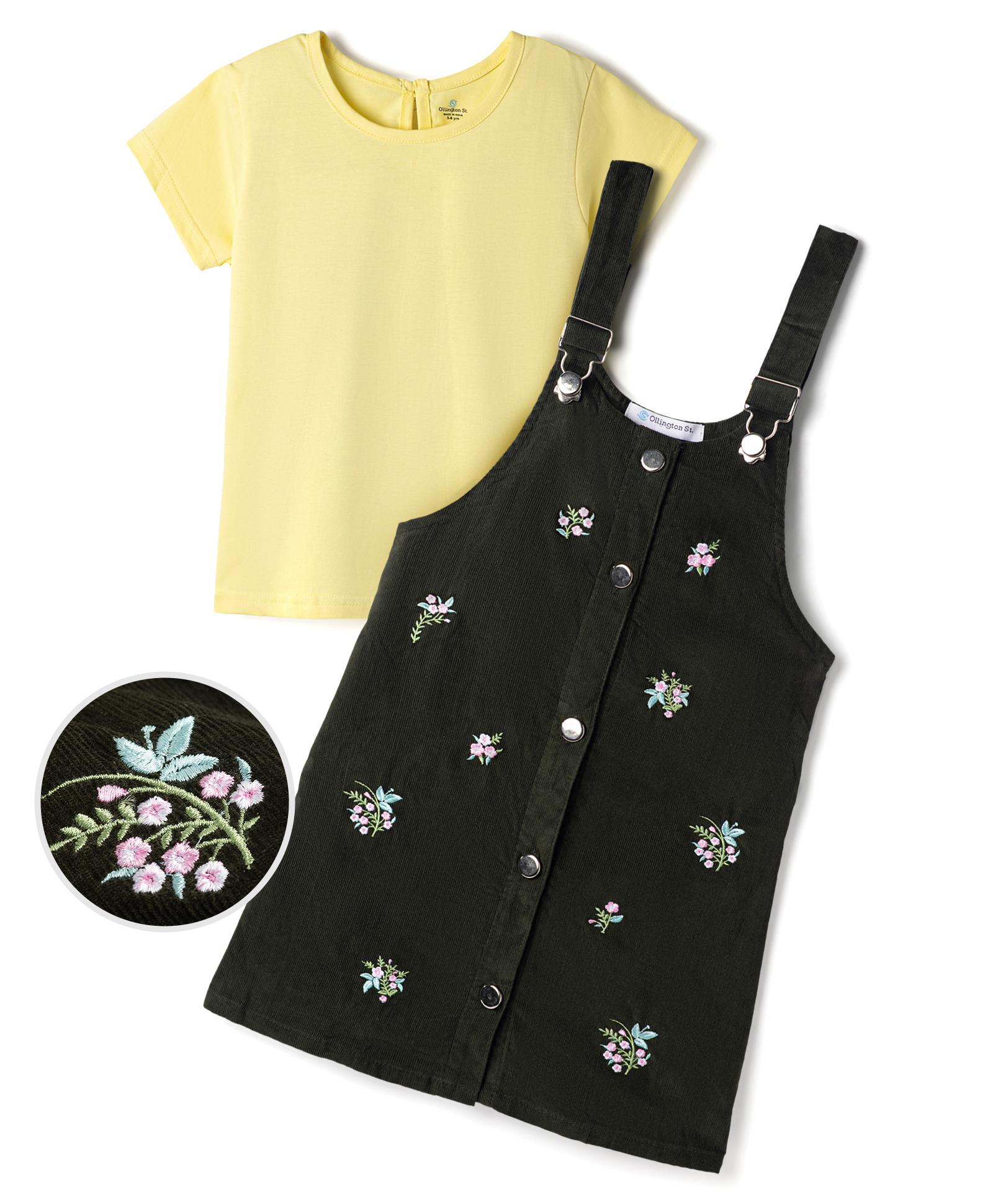 Ollington St. Corduroy Woven Knit Half Sleeves Frock with Inner Tee and Floral Embroidery - Limegreen-picture-11