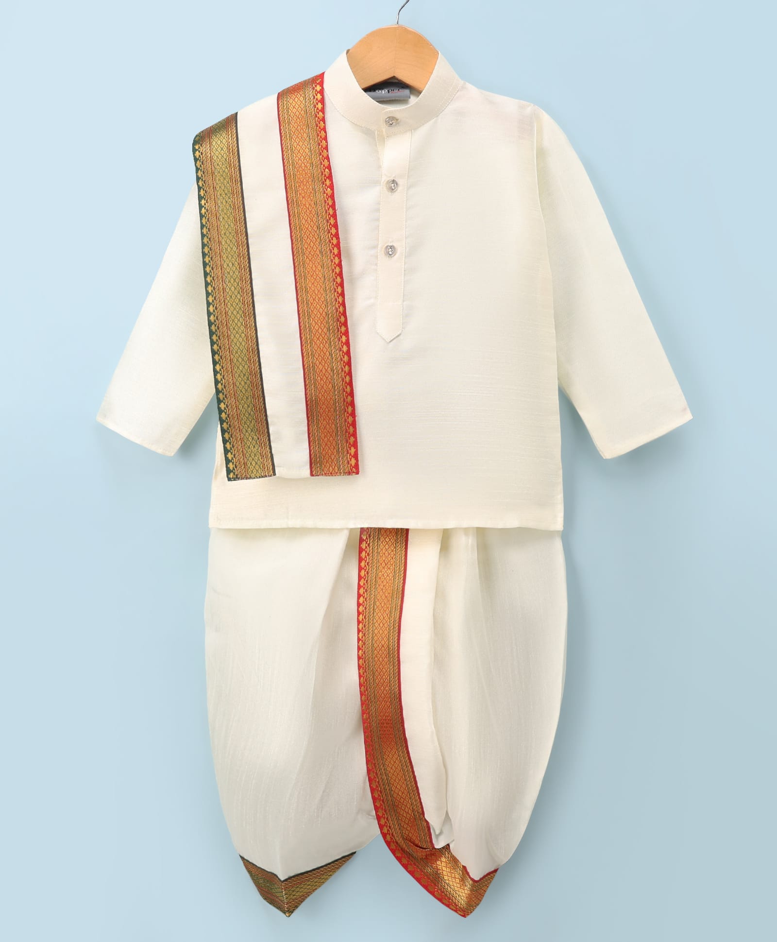 Dapper Dudes Cotton Woven Full Sleeves Solid Kurta With Dhoti & Angavastram - Off White-picture-27
