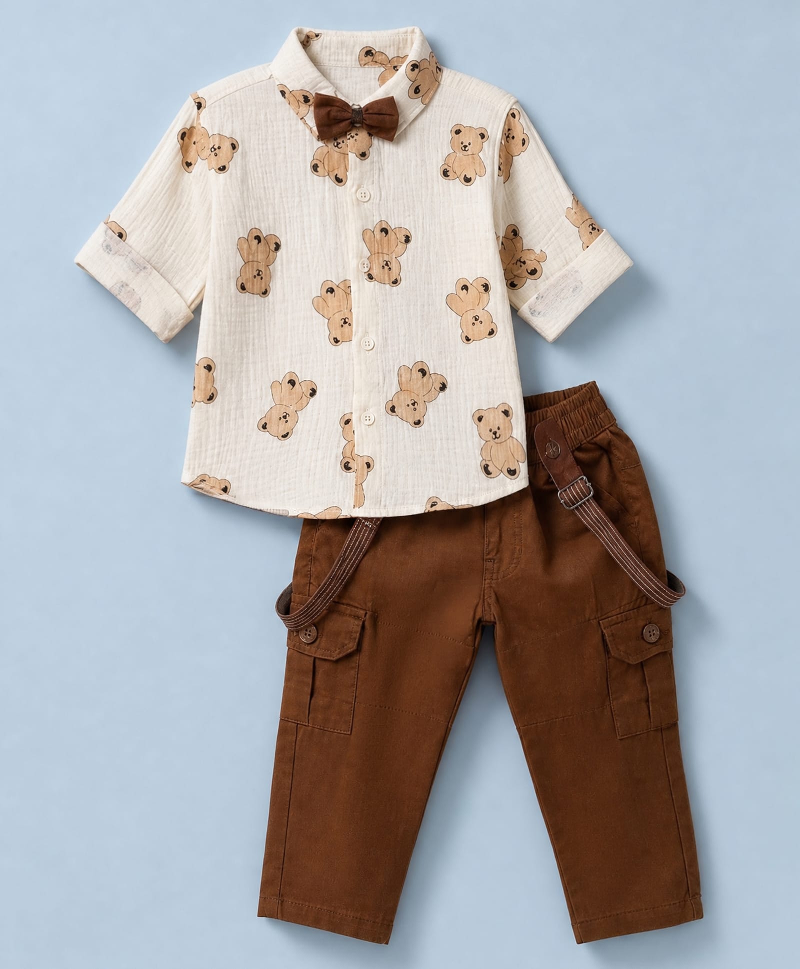 Dapper Dudes Cotton Woven Full Sleeves Teddy Printed Shirt With Suspender, Bow & Pant Set - Cream-picture-17