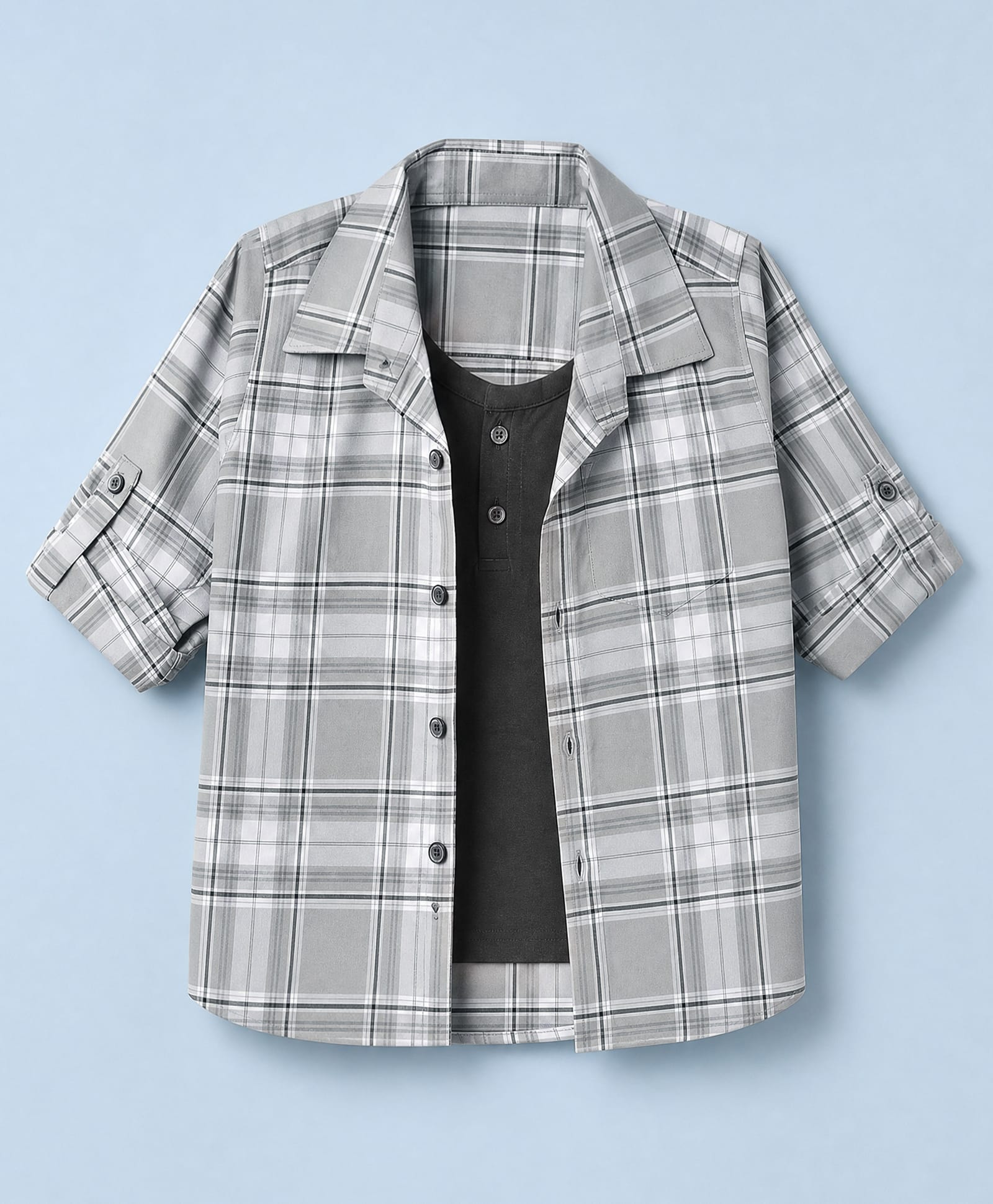 Dapper Dudes Cotton Woven Checked Shirt with Attached Tee - Grey-image-17