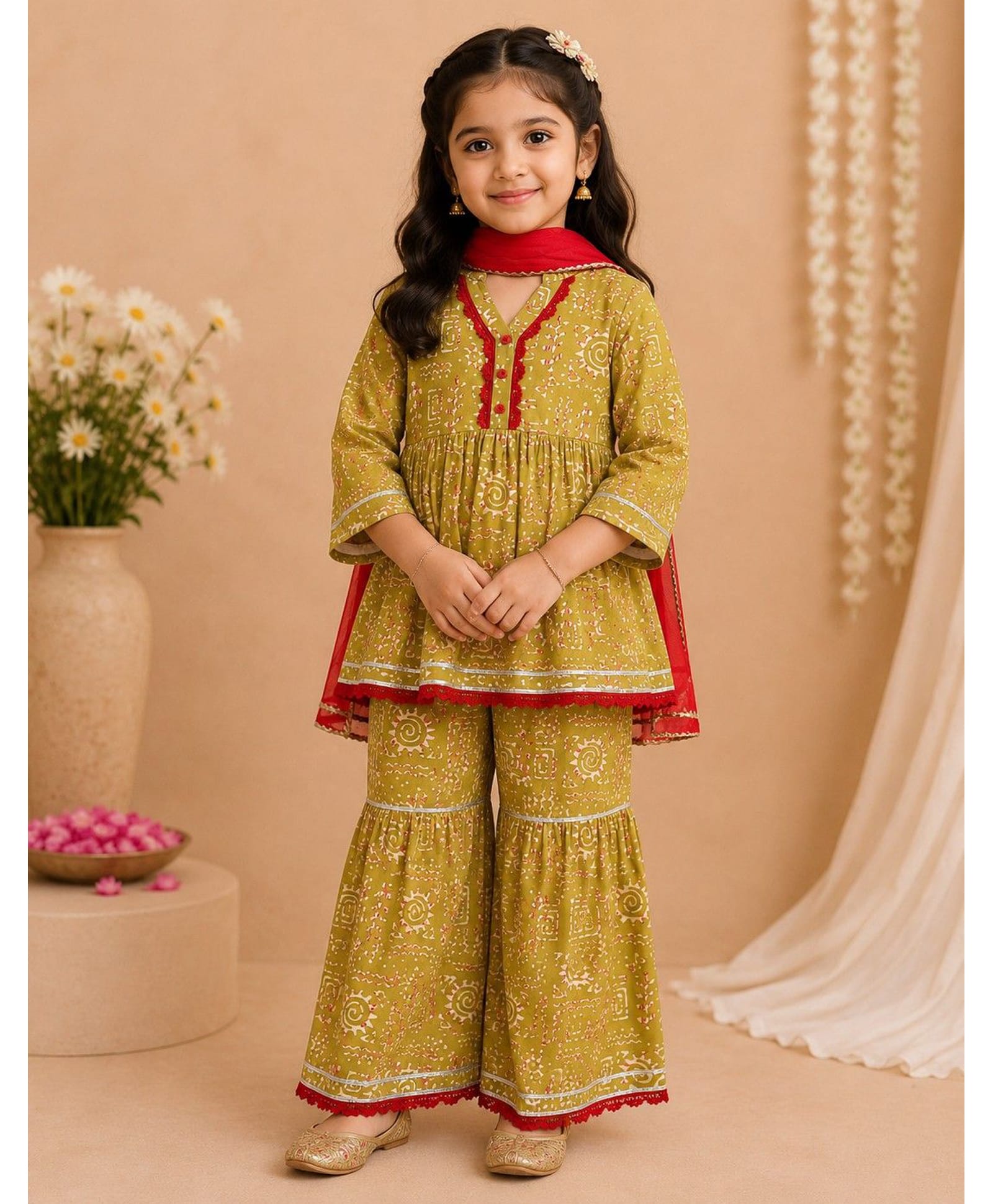 Aww Hunnie Rayon Woven Three Fourth Sleeves Lace Embellished Abstract Printed Kurti & Sharara Set With Dupatta - Mustard-image-33