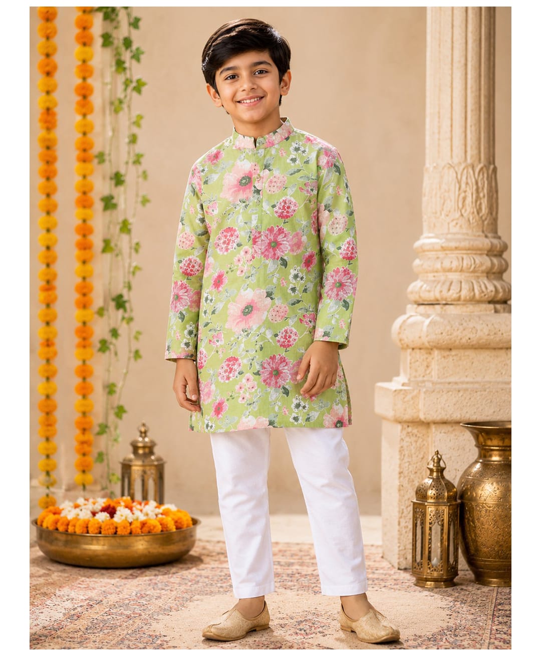 Aww Hunnie 100% Cotton Woven Full Sleeves Floral Printed Kurta & Pyjama Set - Green-picture-17