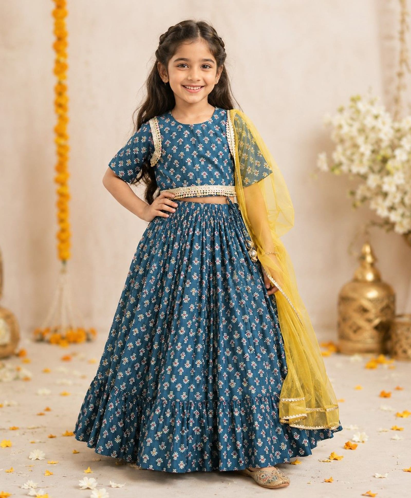 Aww Hunnie Rayon Woven Half Sleeves Lace Embellished Floral Printed Lehenga & Choli Set With Dupatta - Blue-picture-22