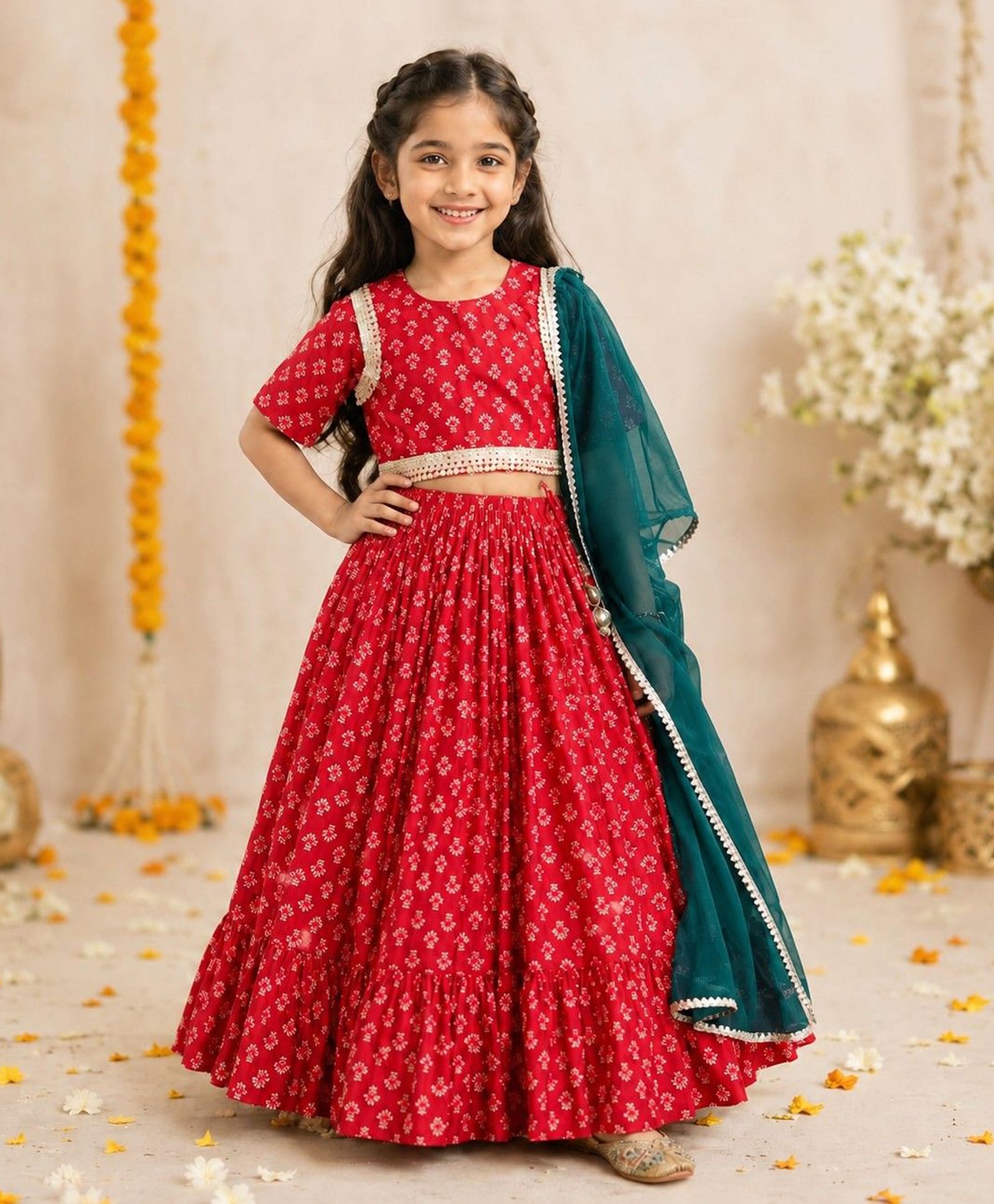 Aww Hunnie Rayon Woven Half Sleeves Lace Embellished Floral Printed Lehenga & Choli Set With Dupatta - Pink-image-6