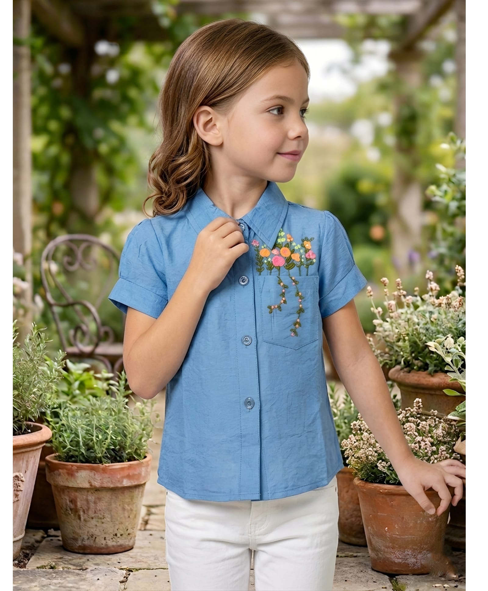Lei-Chie Cotton Blend Woven Half Sleeves Floral Embroidered Shirt Style Top - Blue-picture-25