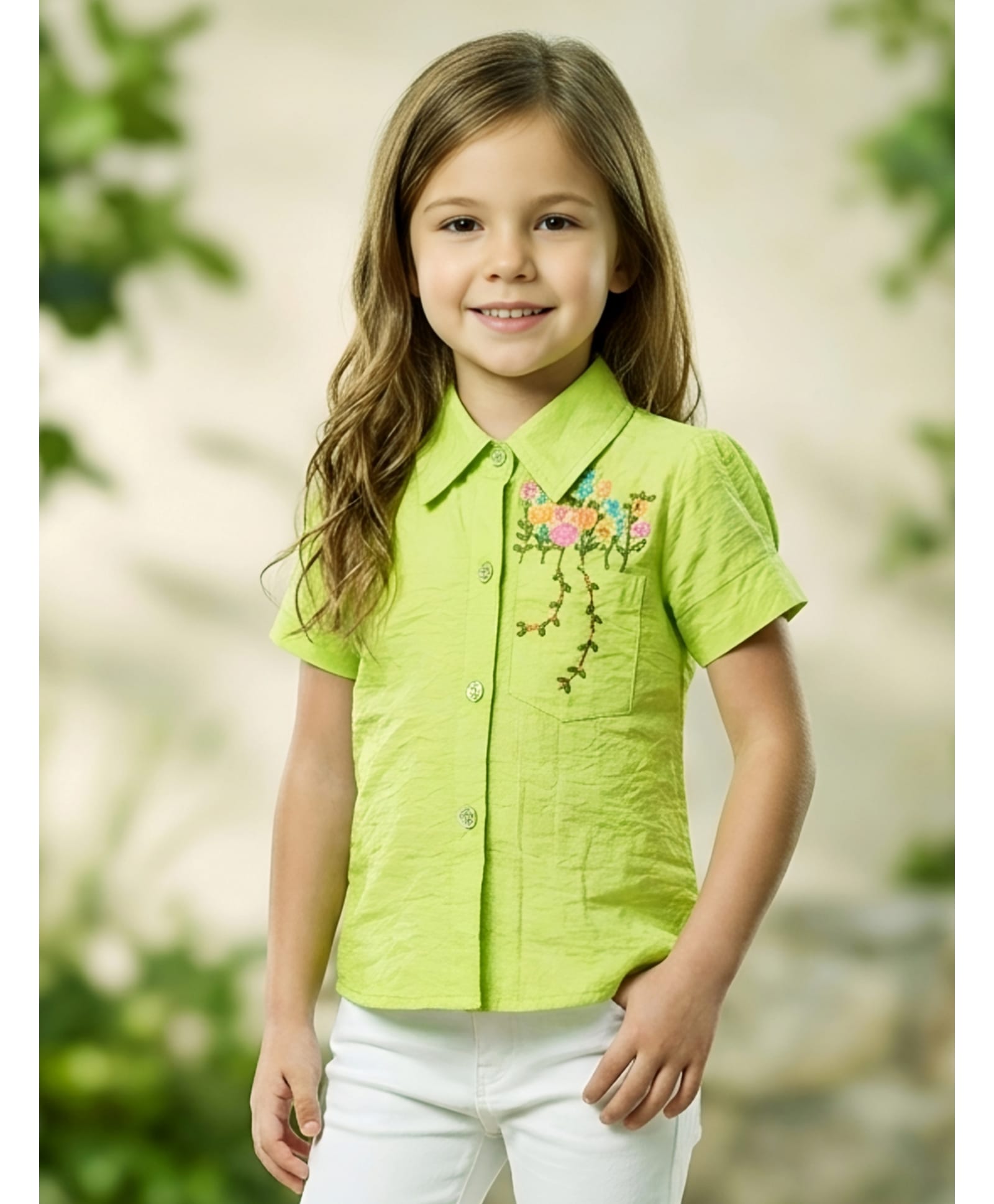 Lei-Chie Cotton Blend Woven Half Sleeves Floral Embroidered Shirt Style Top - Green-image-36