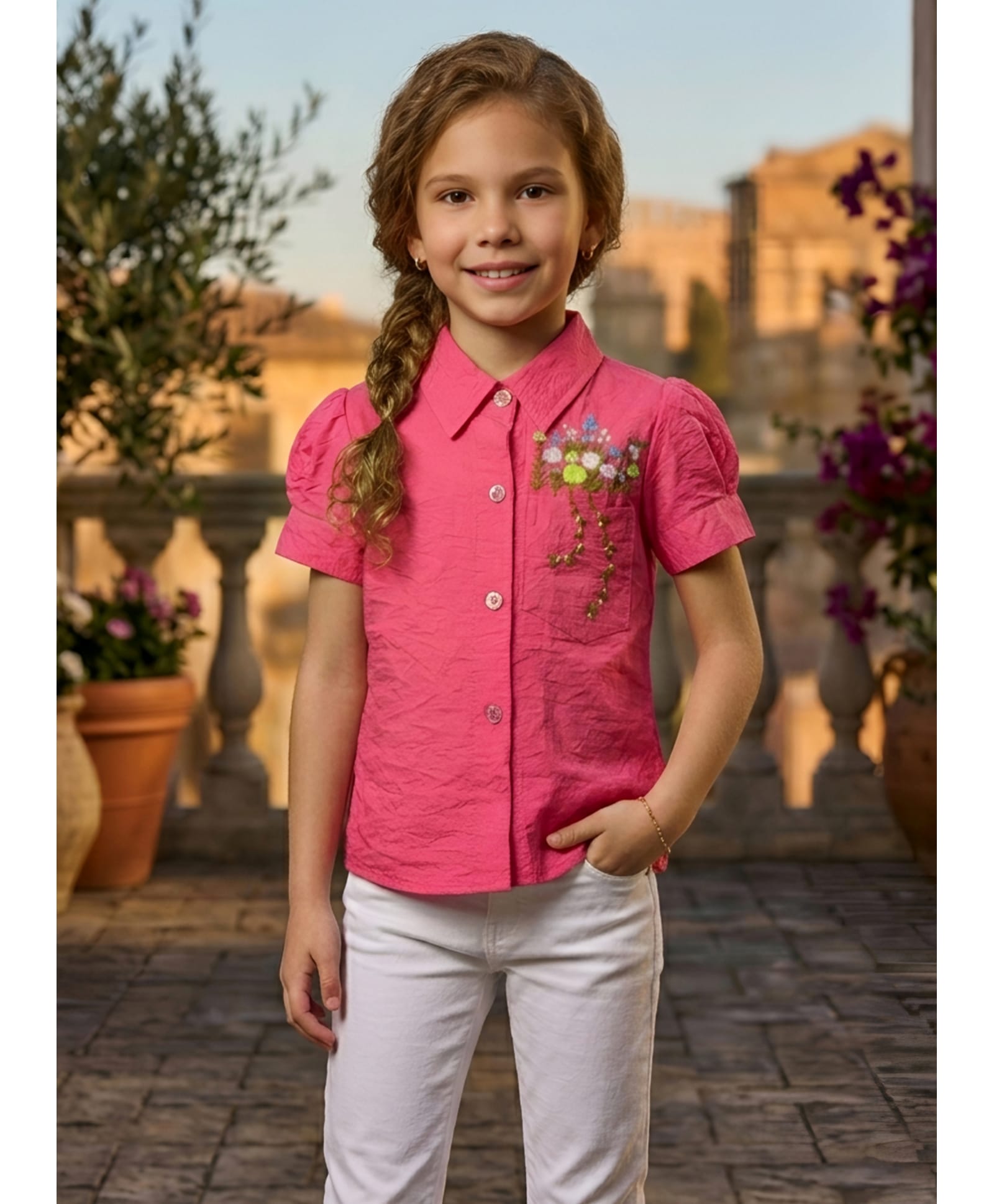 Lei-Chie Cotton Blend Woven Half Sleeves Floral Embroidered Shirt Style Top - Pink-picture-39