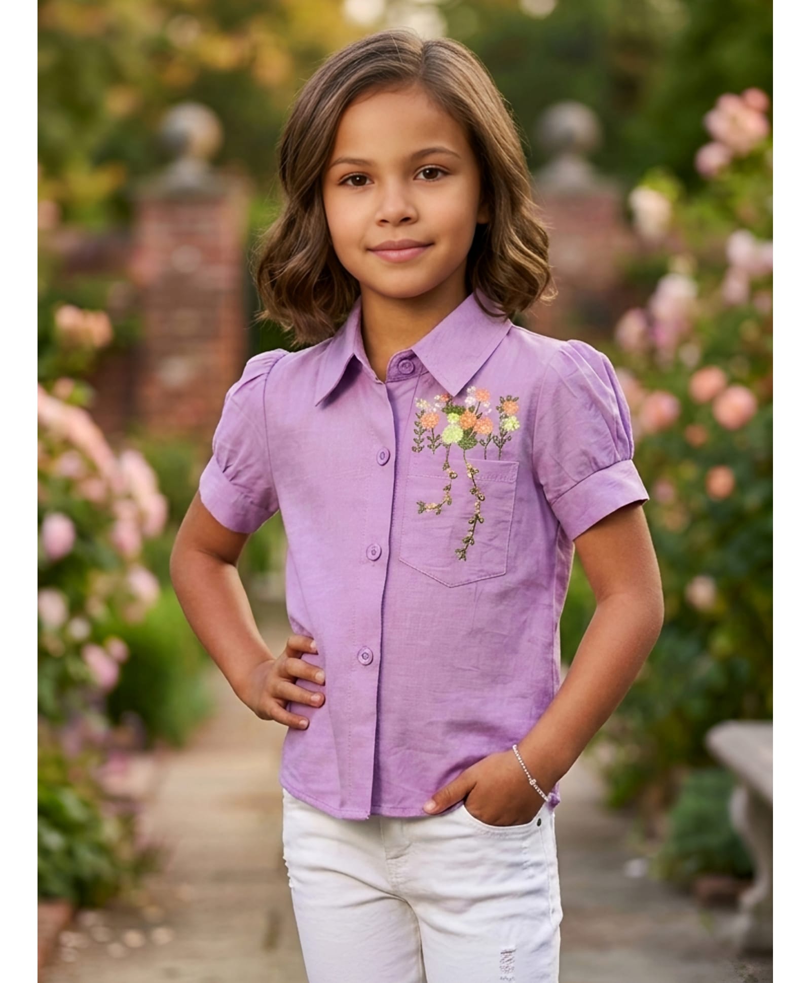 Lei-Chie Cotton Blend Woven Half Sleeves Floral Embroidered Shirt Style Top - Purple-image-49
