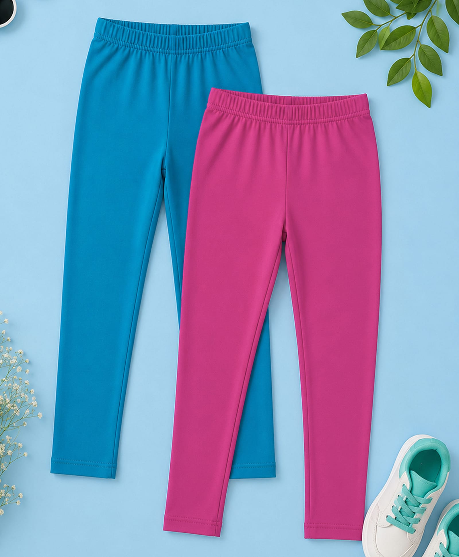 Kiddopanti Cotton Spandex Knit Pack Of 2 Solid Leggings - Turquoise Blue & Rani Rose-image-45